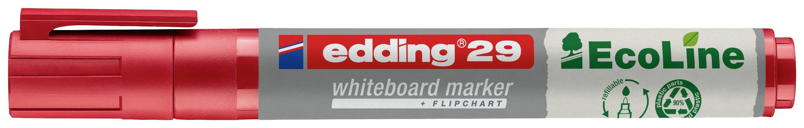 Ein roter Whiteboard-Marker der Marke edding, Modell 29, aus der EcoLine-Serie, mit Recycling- und Umweltsymbolen auf der Hülle.