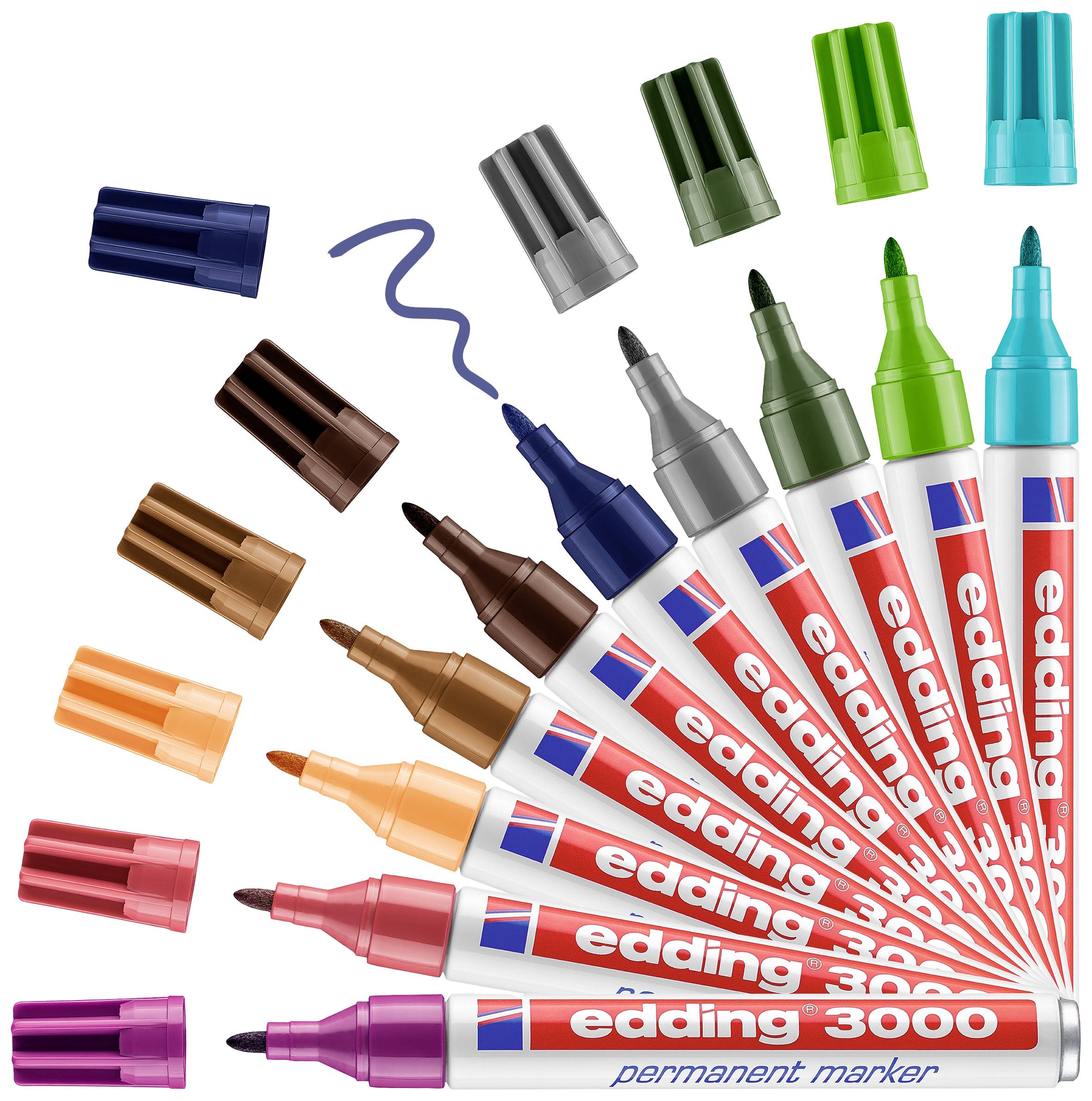 Zwölf Edding-Permanentmarker in verschiedenen Farben fächerförmig angeordnet, mit abgenommenen Kappen und einer blauen Linie.