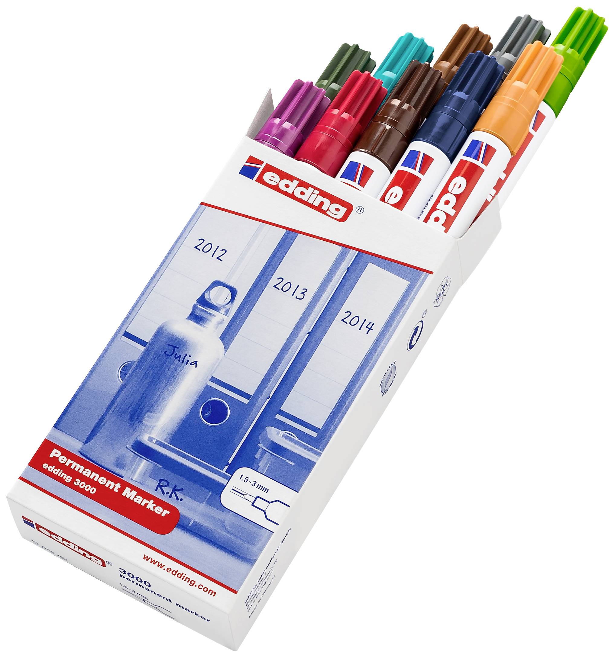 Eine geöffnete Packung mit mehrfarbigen Edding Permanent-Markern. Marken-Logo und Produktdetails sind auf der Verpackung sichtbar.