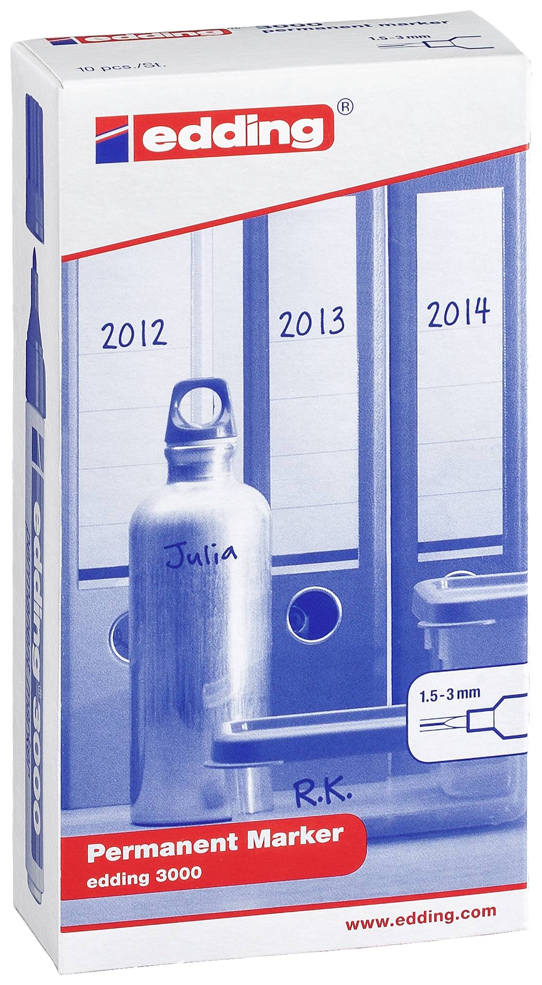 Verpackung von edding Permanent Markern. Aufdruck zeigt Ordner mit Jahreszahlen 2012, 2013, 2014 und eine beschriftete Trinkflasche.