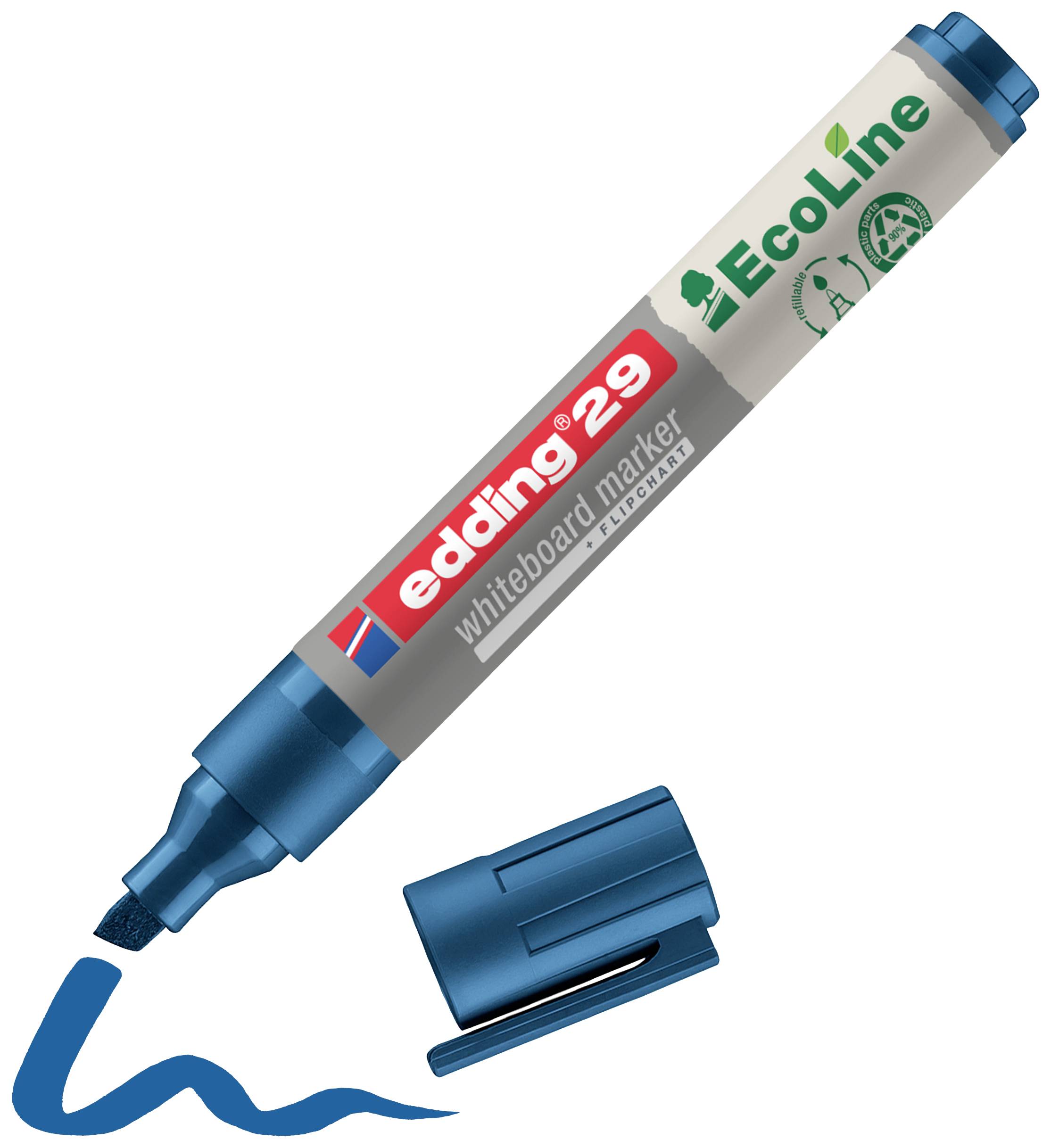 Ein blauer Whiteboard-Marker mit der Aufschrift 'edding 29 EcoLine', daneben eine abgenommene Kappe und eine blaue Linie als Beispielzeichnung.