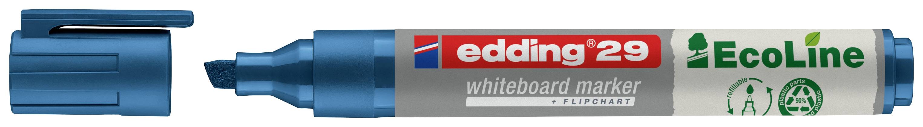 Geöffneter blauer Whiteboard-Marker der Marke 'edding 29 EcoLine'.