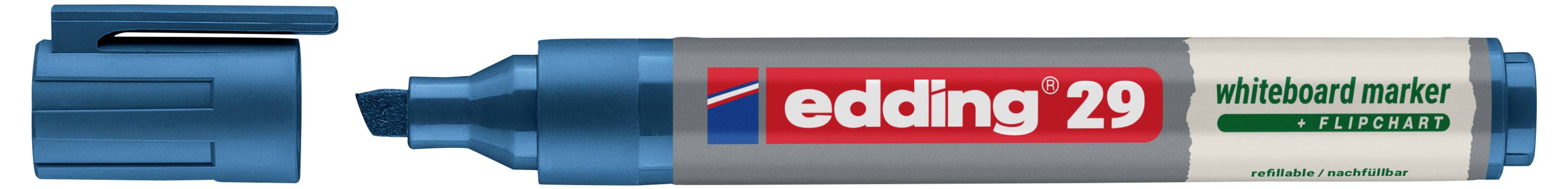 Blauer Edding 29 Whiteboard-Marker mit daneben liegender Kappe, gekennzeichnet für die Verwendung auf Flipchart/Whiteboard.
