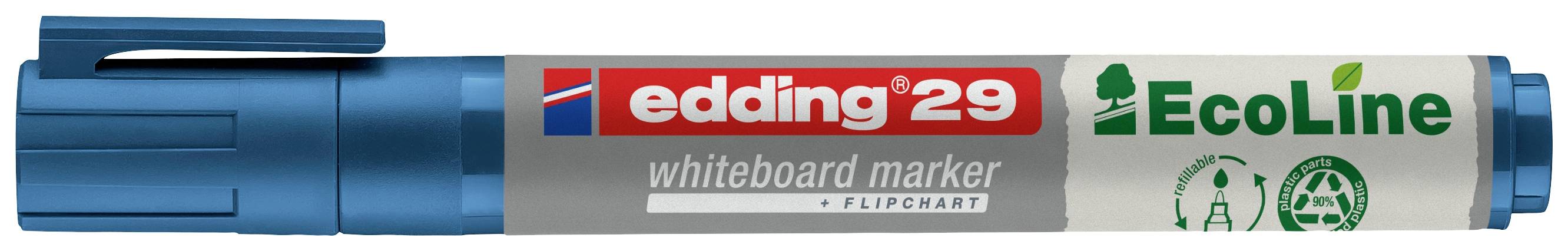Ein blauer Whiteboard-Marker von edding, Modell 29, aus der EcoLine-Serie, geeignet für Whiteboards und Flipcharts.