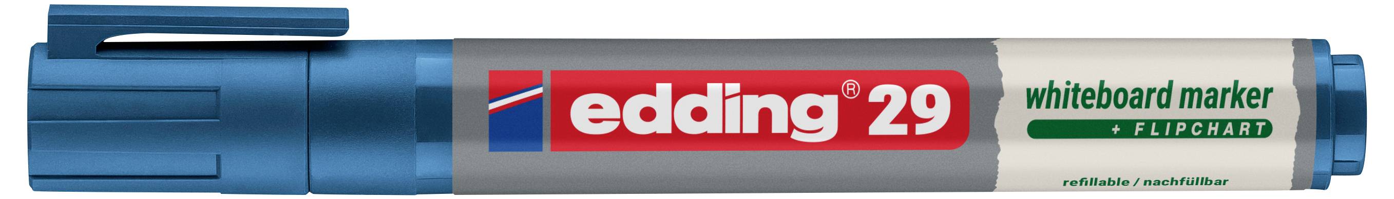 Blauer Edding 29 Whiteboard-Marker mit Kappe, auf dem Schaft mit „edding 29" und „whiteboard marker" beschriftet.