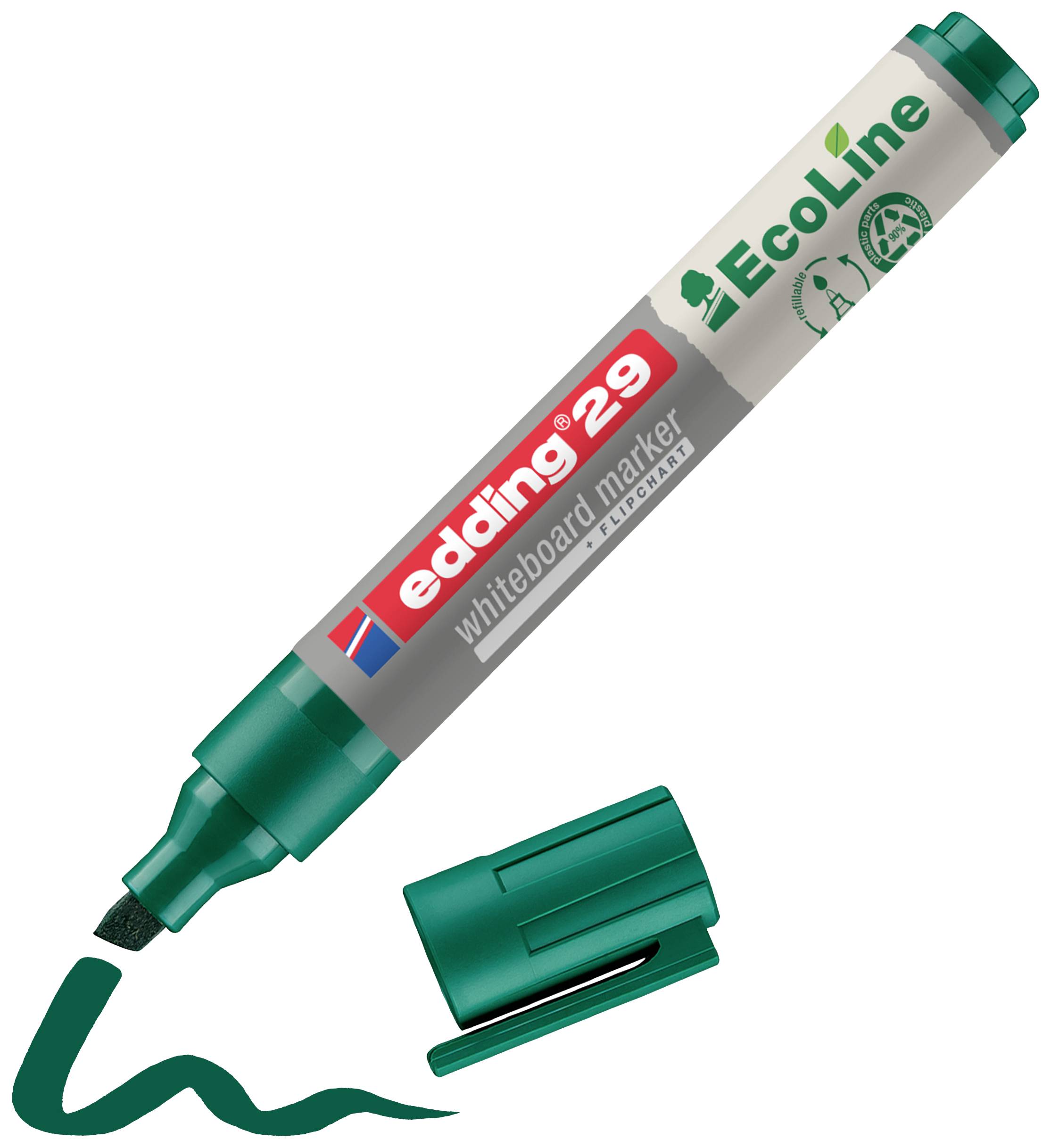 Grüner Whiteboard-Marker mit Aufschrift ‘edding 29 EcoLine’. Marker liegt mit gezeichneter Linie und abgenommenem Deckel daneben.