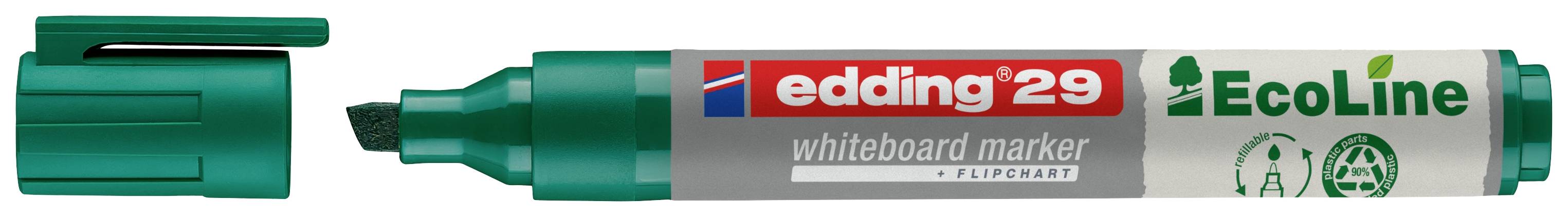 Grüner Whiteboard-Marker mit abnehmbarem Deckel, Marke 'edding 29 EcoLine'; recyceltes Material, für Trockenlöschung.