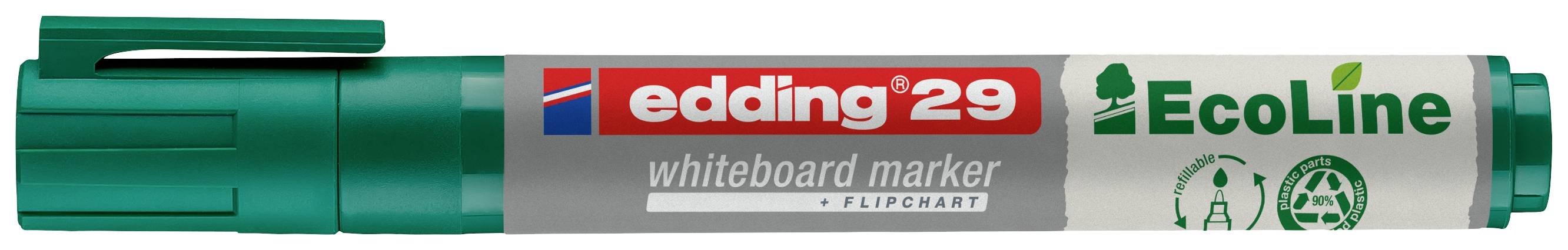 Grüner Whiteboard-Marker von Edding EcoLine mit rotem und grünem Aufdruck, geeignet für Whiteboards und Flipcharts.