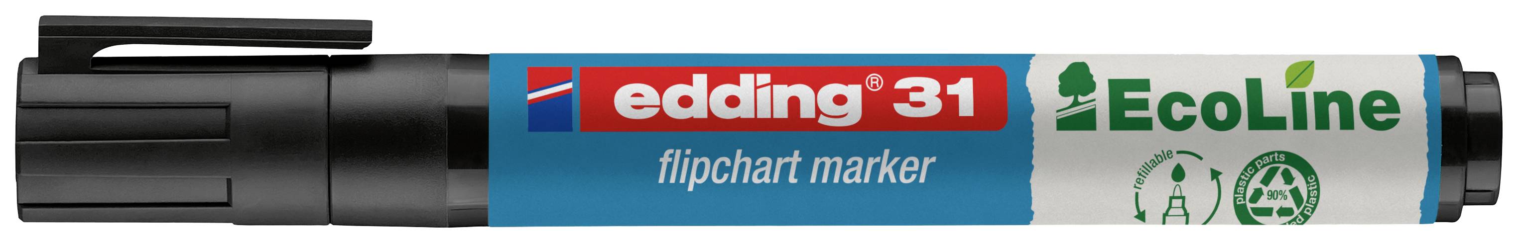 'edding 31 EcoLine Flipchart Marker' mit schwarzer Kappe und blauer Hülle, geeignet für Flipcharts, umweltfreundliche Produktlinie.