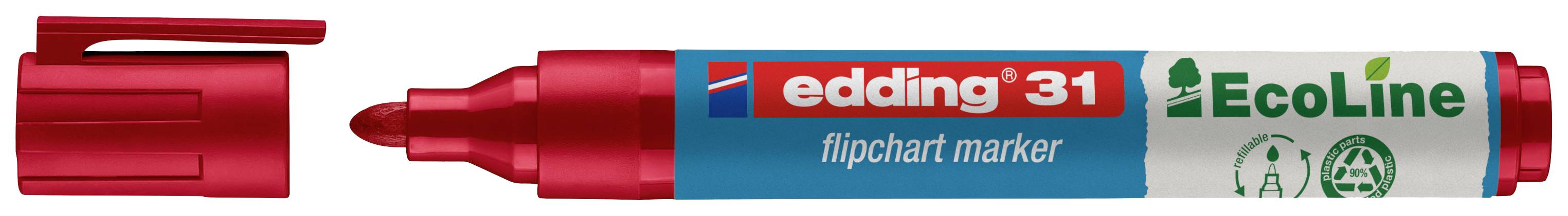 Roter Edding 31 EcoLine Flipchart-Marker mit abgenommenem Deckel. Umweltfreundliches Design mit recyceltem Kunststoff.