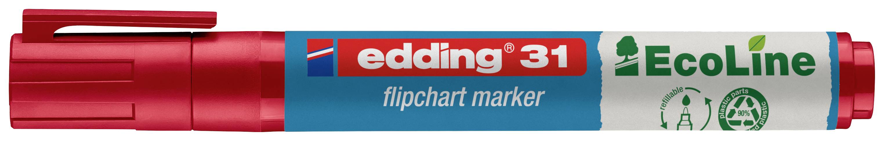 Roter Flipchart-Marker von edding aus der EcoLine-Serie, liegend, mit recyceltem Kunststoff und Umweltzeichen auf dem Etikett.
