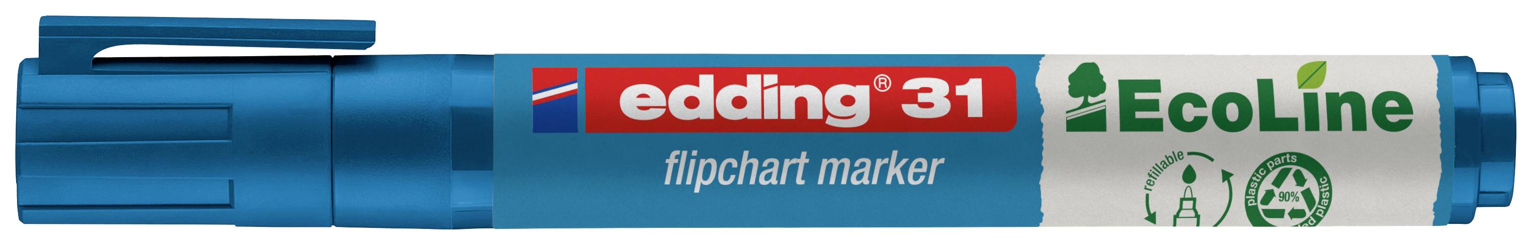 Blauer Edding 31 Flipchart-Marker mit Ecoline-Aufdruck, geeignet für Präsentationen, umweltfreundlich, recyceltes Material.