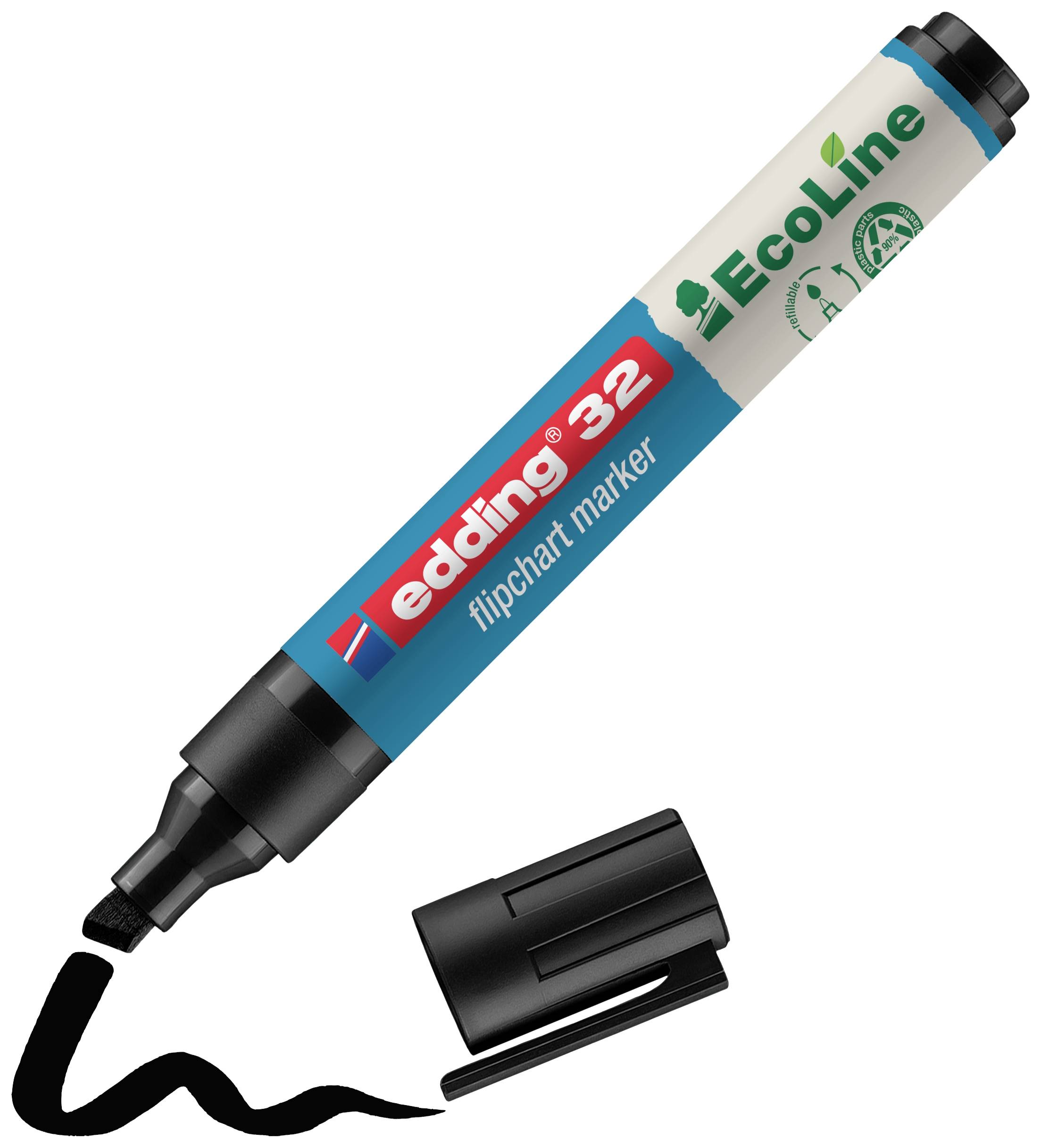 Ein blauer Edding 32 Flipchart-Marker der EcoLine-Serie, liegt neben seiner entfernten schwarzen Kappe.