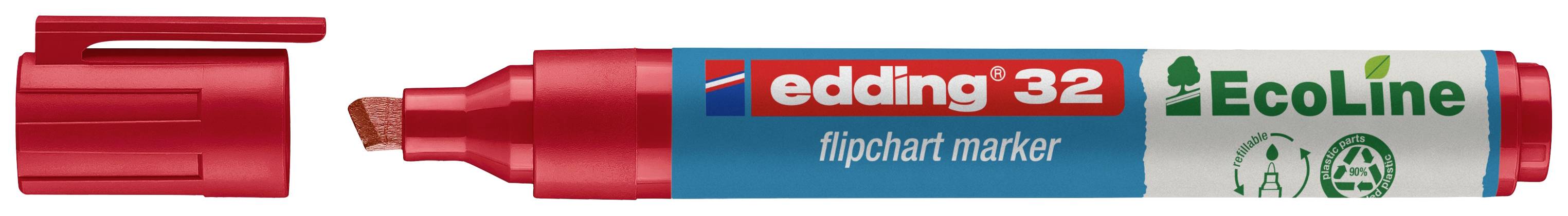 Roter Edding 32 Flipchart-Marker mit abgeschrägter Spitze und abgenommenem Deckel, daneben das grüne 'EcoLine'-Logo.