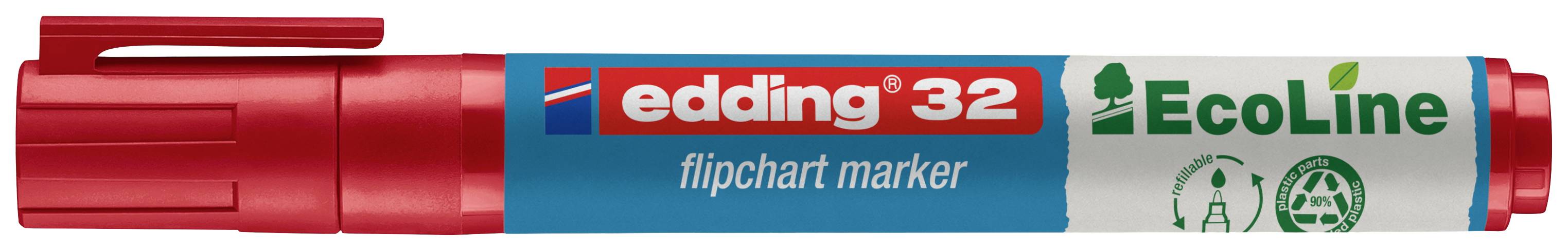 Roter Flipchart-Marker von edding, Modell 32, aus der EcoLine-Serie, betont nachhaltige Materialien und umweltfreundliche Produktion.