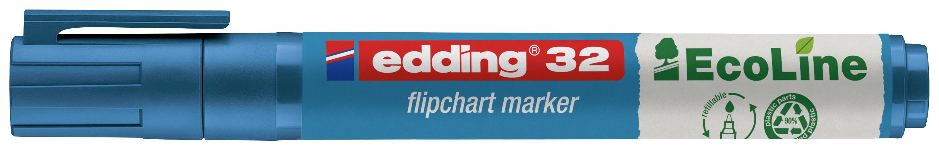 Blauer Flipchart-Marker der Marke 'edding 32', Teil der EcoLine-Serie, mit umweltfreundlichem Design.
