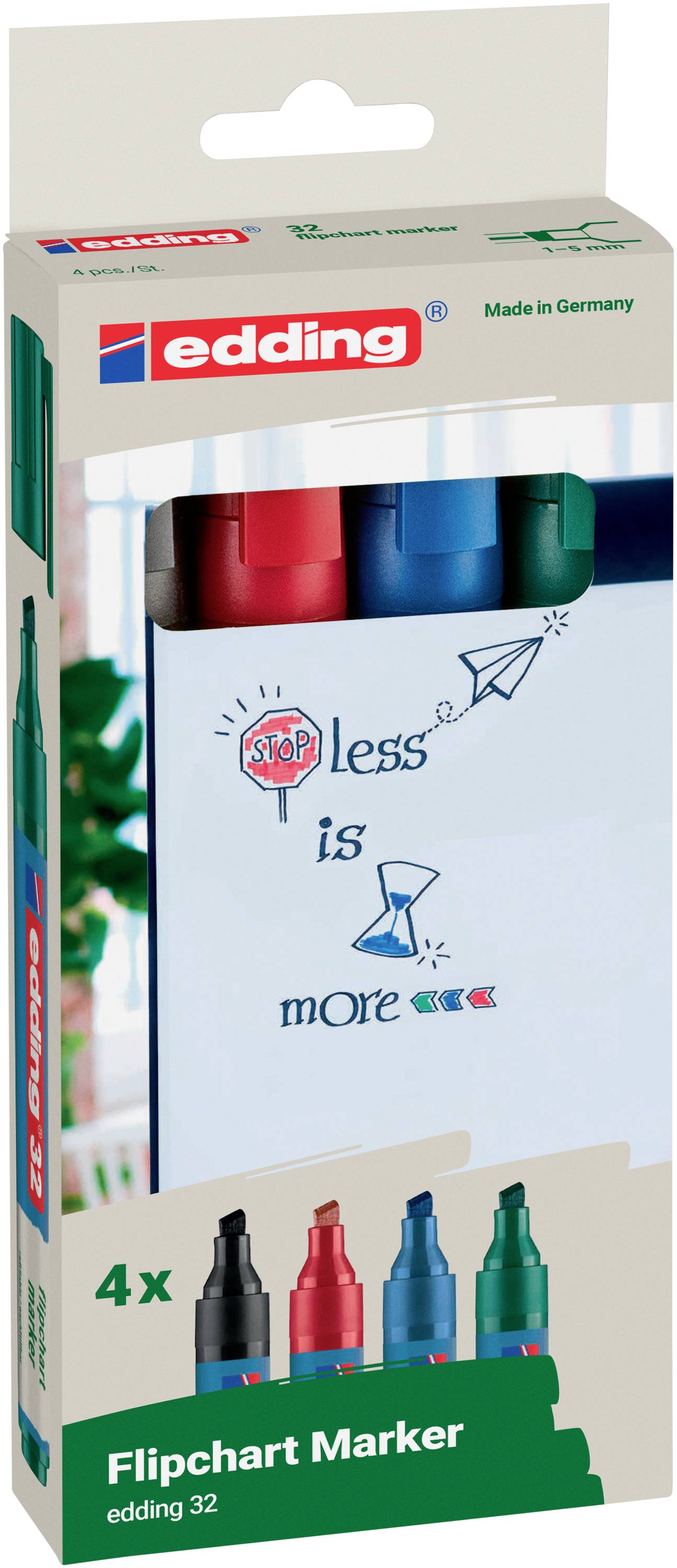 Edding 4-32-4 Flipchartmarker Keilspitze 1 - 5mm Schwarz, Rot, Blau, Grün 4St.