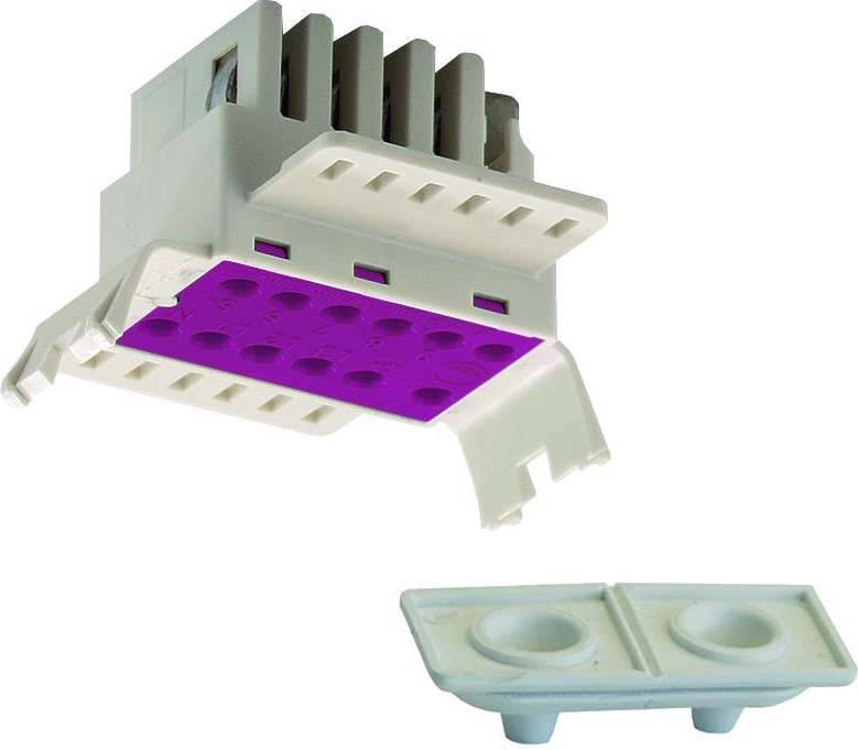 Ein weißer Kunststoffelektronikstecker mit violetten Kontakten und passendem Gegenstück. Geeignet zur elektrischen Verbindung.