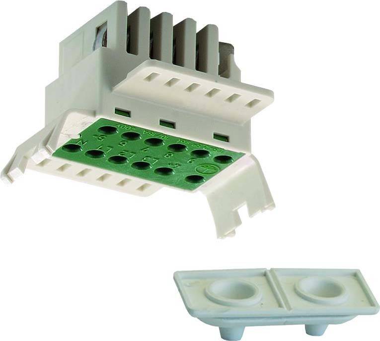 Ein weiß-grünes elektrisches Steckmodul mit mehreren Anschlussbuchsen. Neben dem Modul liegt eine kleine weiße Abdeckung.