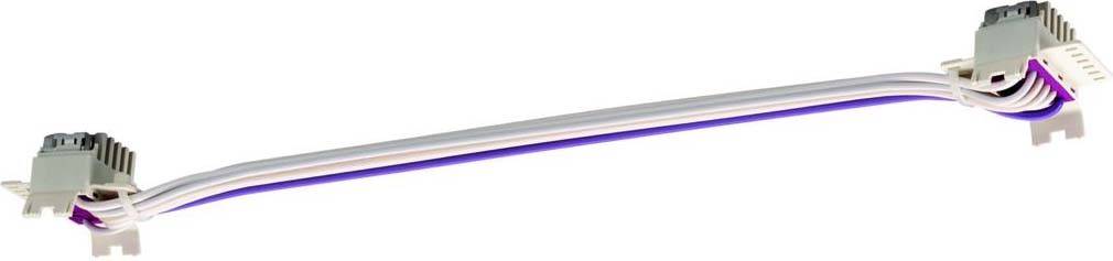 Ein farbiger Kabelstrang mit weißen, grauen und violetten Drähten, verbunden mit zwei grauen Steckern an beiden Enden.