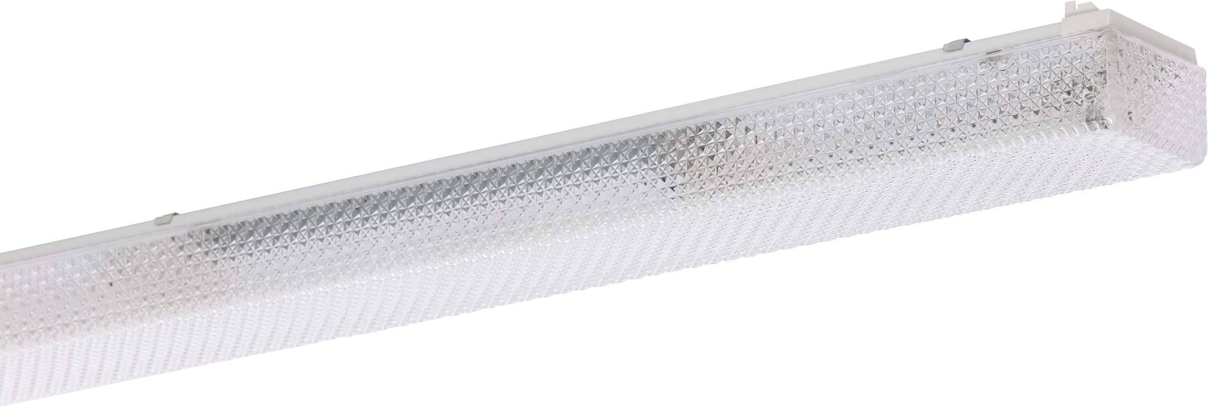 Eine lange, rechteckige Leuchtstofflampe mit geriffelter Abdeckung zur gleichmäßigen Lichtstreuung. Ideal für industrielle Anwendungen.
