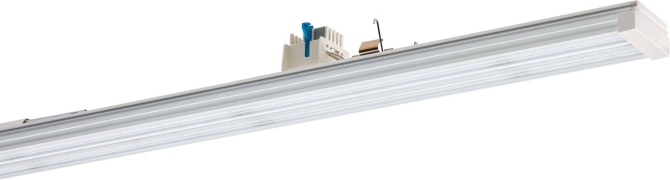 Eine lange LED-Leuchte, die in einer Leiste eingebaut ist, mit einem elektronischen Bauteil auf der Oberseite.