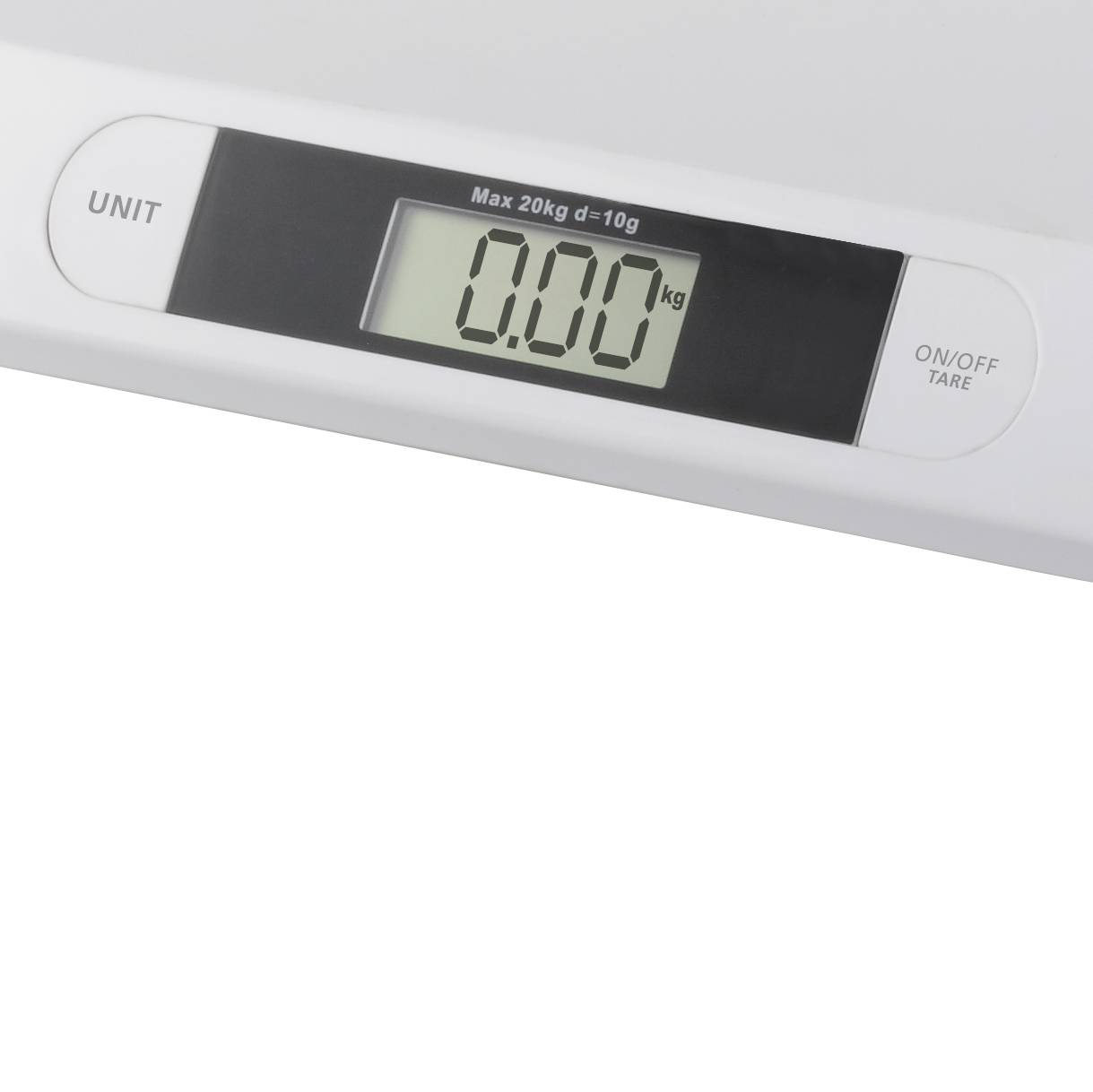 Elektronische Küchenwaage mit digitalem Display zeigt '0.00 kg', Tasten für Einheitenauswahl und Ein-/Ausschalten. Maximale Kapazität 20 kg.
