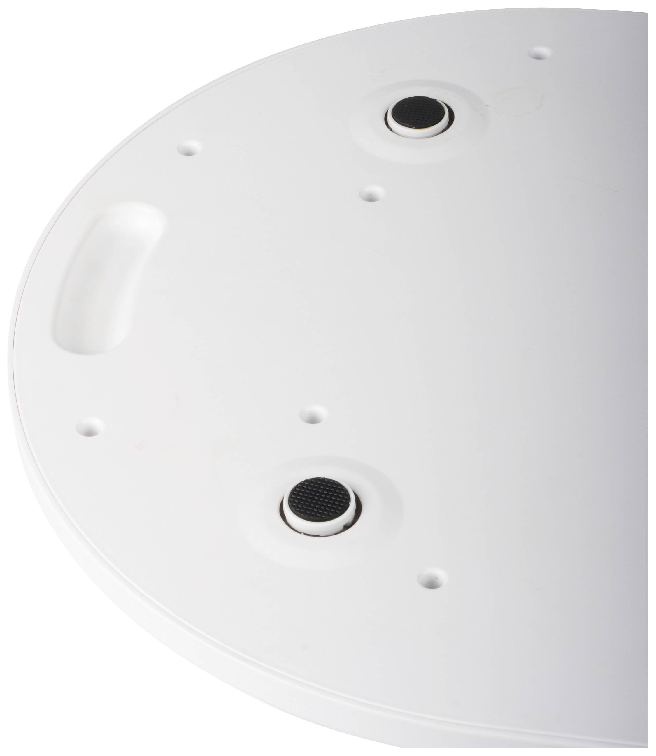 Ein weißes rundes Objekt mit Löchern und Griff, vermutlich Teil eines Gehäuses oder einer technischen Vorrichtung.