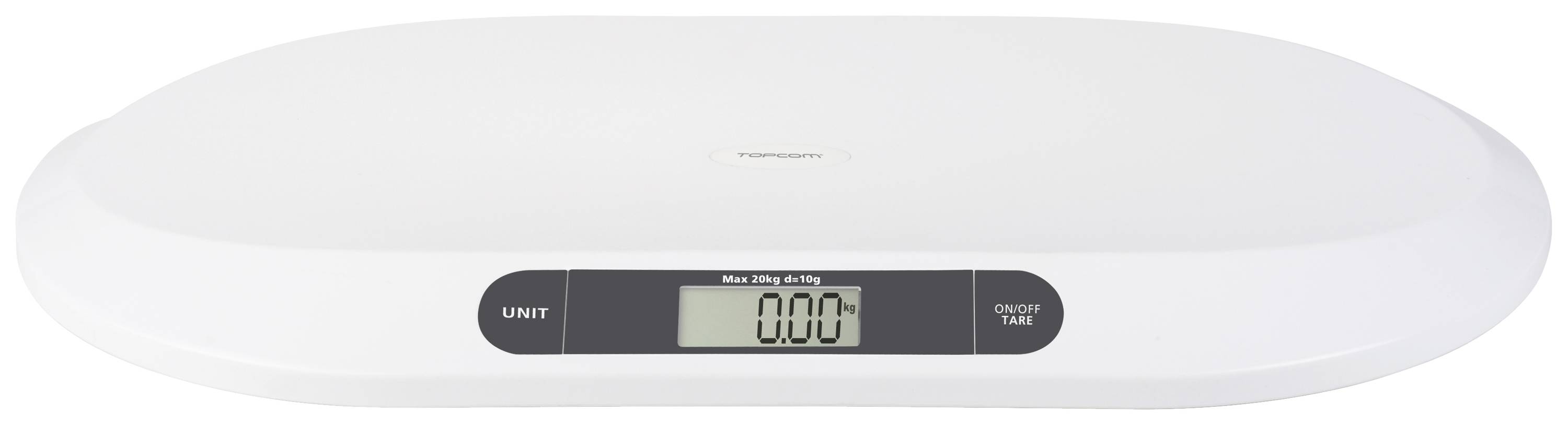 Eine digitale Babywaage zeigt '0,00' auf dem Display an. Die Waage ist weiß mit einem zentralen Bildschirm.