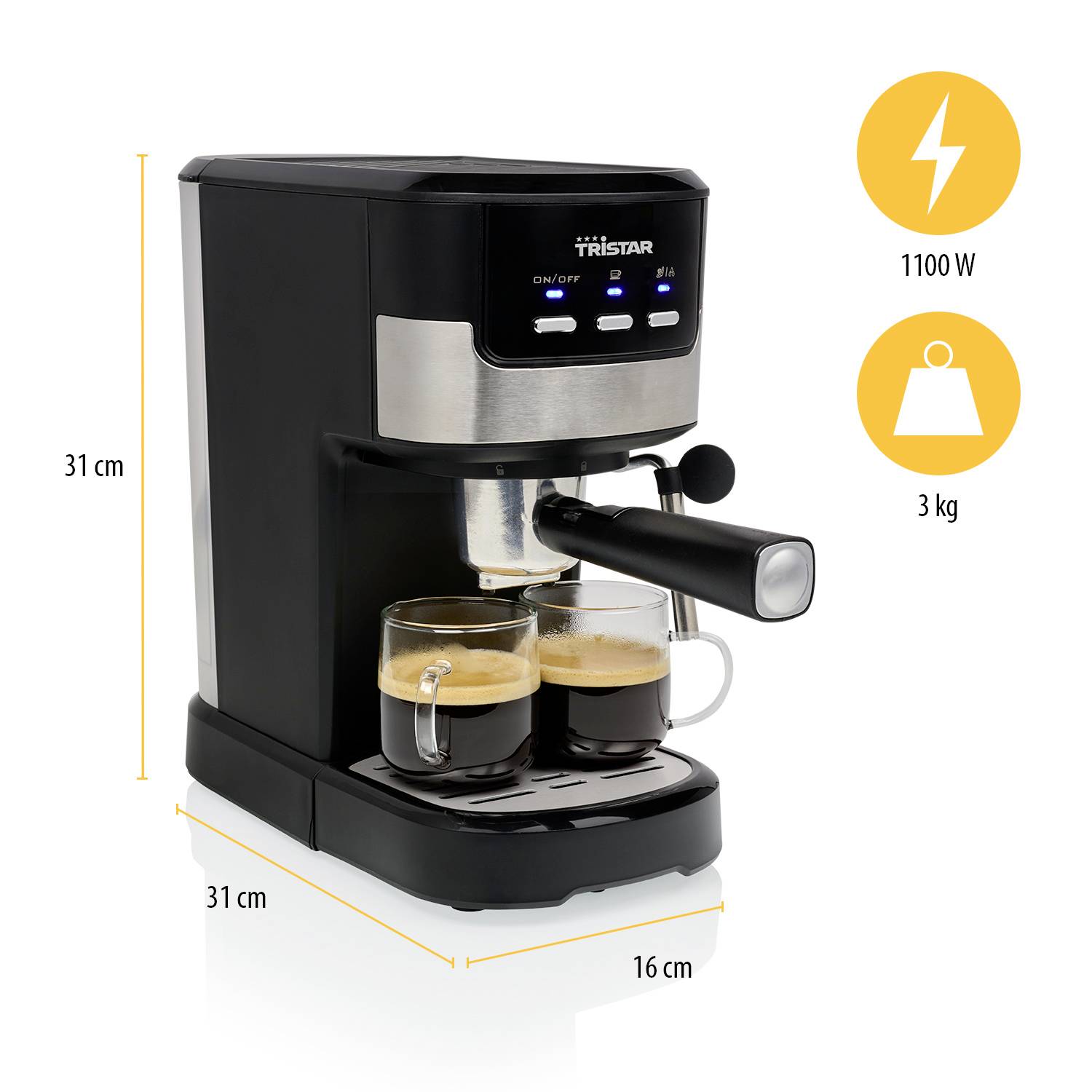 Espressomaschine, 1100 W, 3 kg. Schwarz mit silbernen Details, zwei Espressogläser darunter. Maße: 31 cm hoch, 31 cm tief, 16 cm breit.
