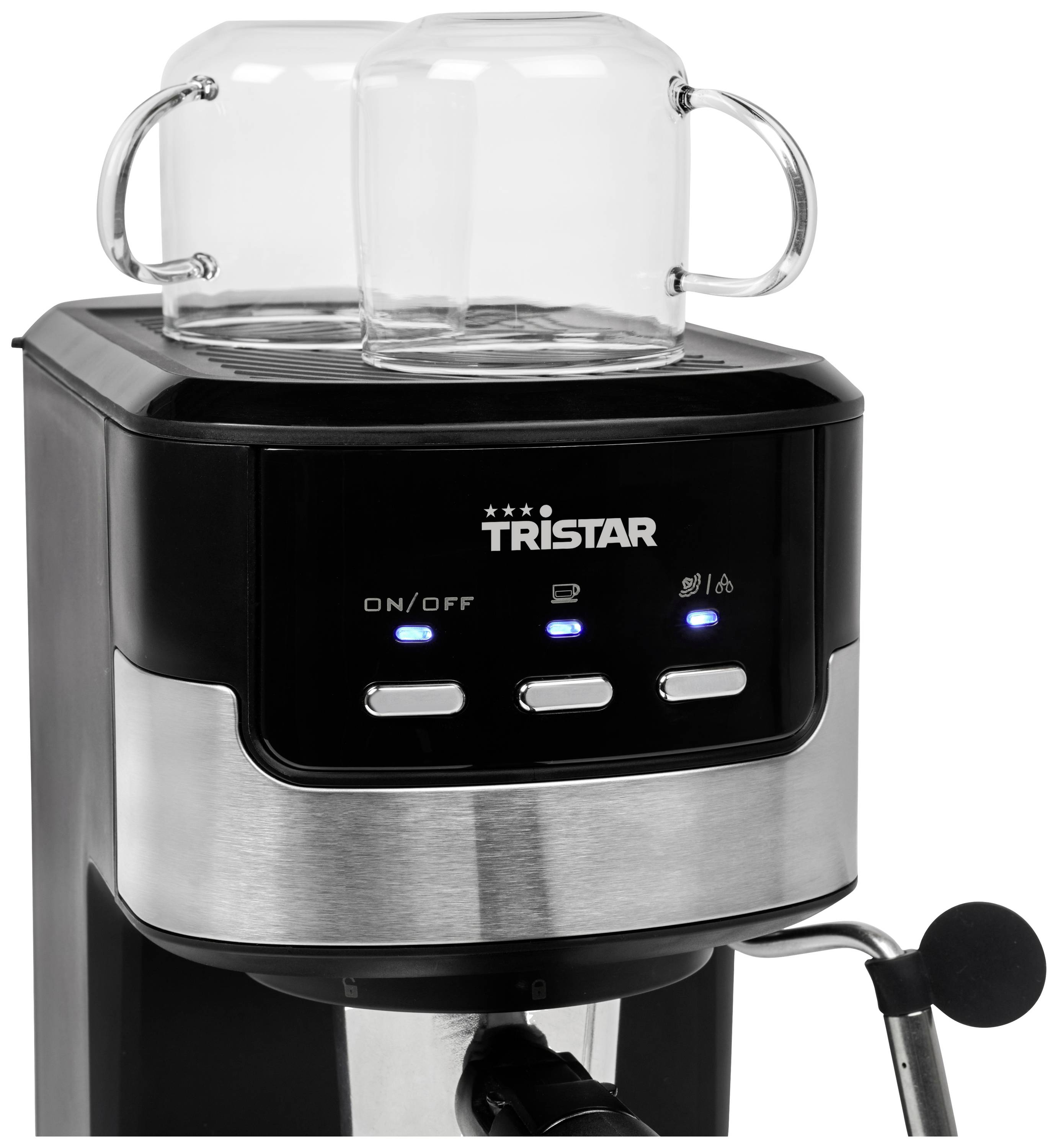 Eine schwarze und silberne Kaffeemaschine mit zwei Gläsern oben, leuchtenden LED-Anzeigen und Bedienelementen vorne.