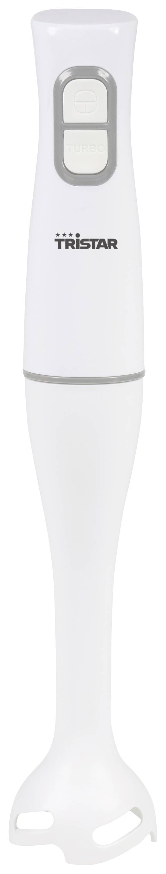 Ein weißer Stabmixer mit zwei Tasten, geeignet zum Pürieren und Mixen von Speisen in der Küche.