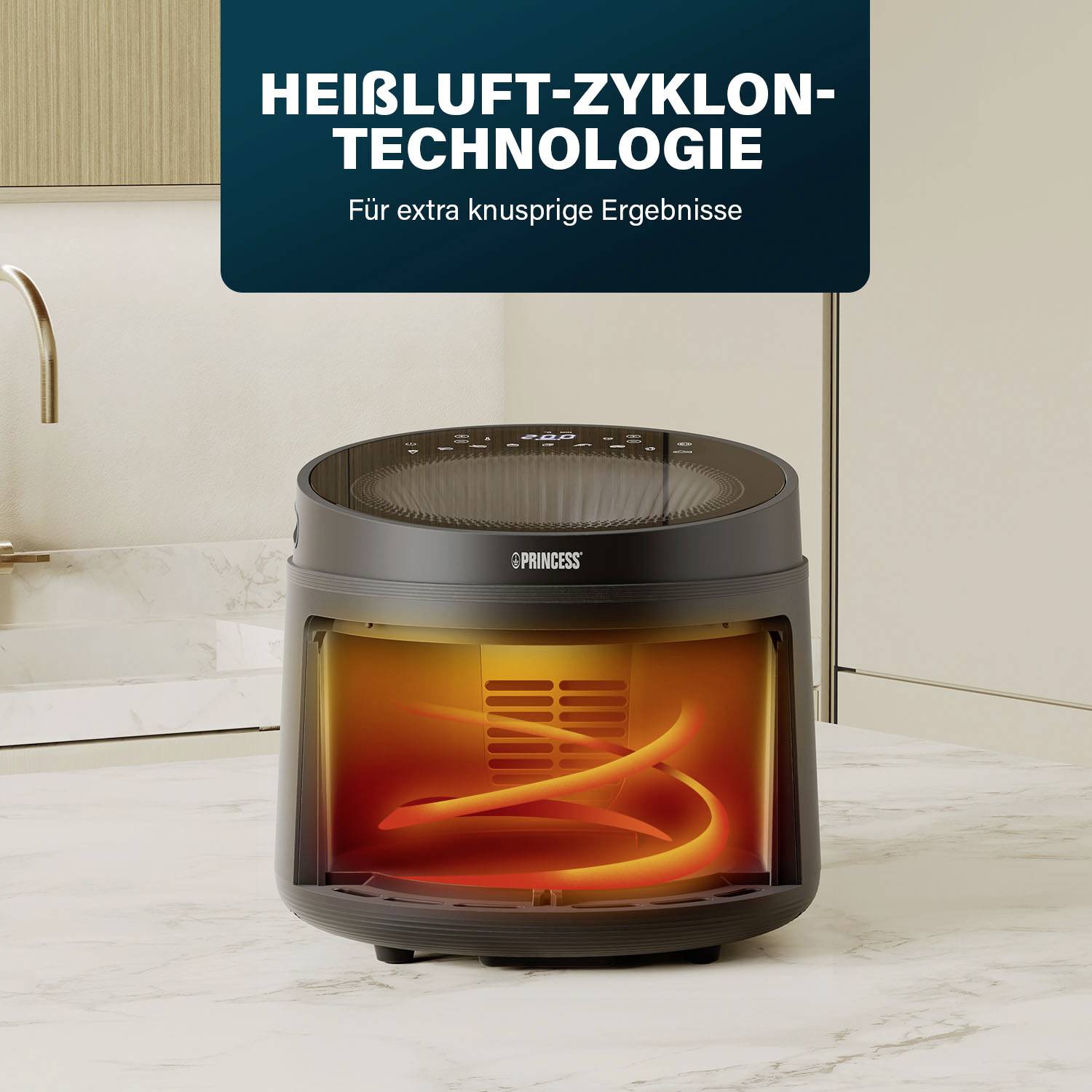 Luftfritteuse mit Heißluft-Zyklon-Technologie für extra knusprige Ergebnisse, in einer modernen Küche aufgestellt.