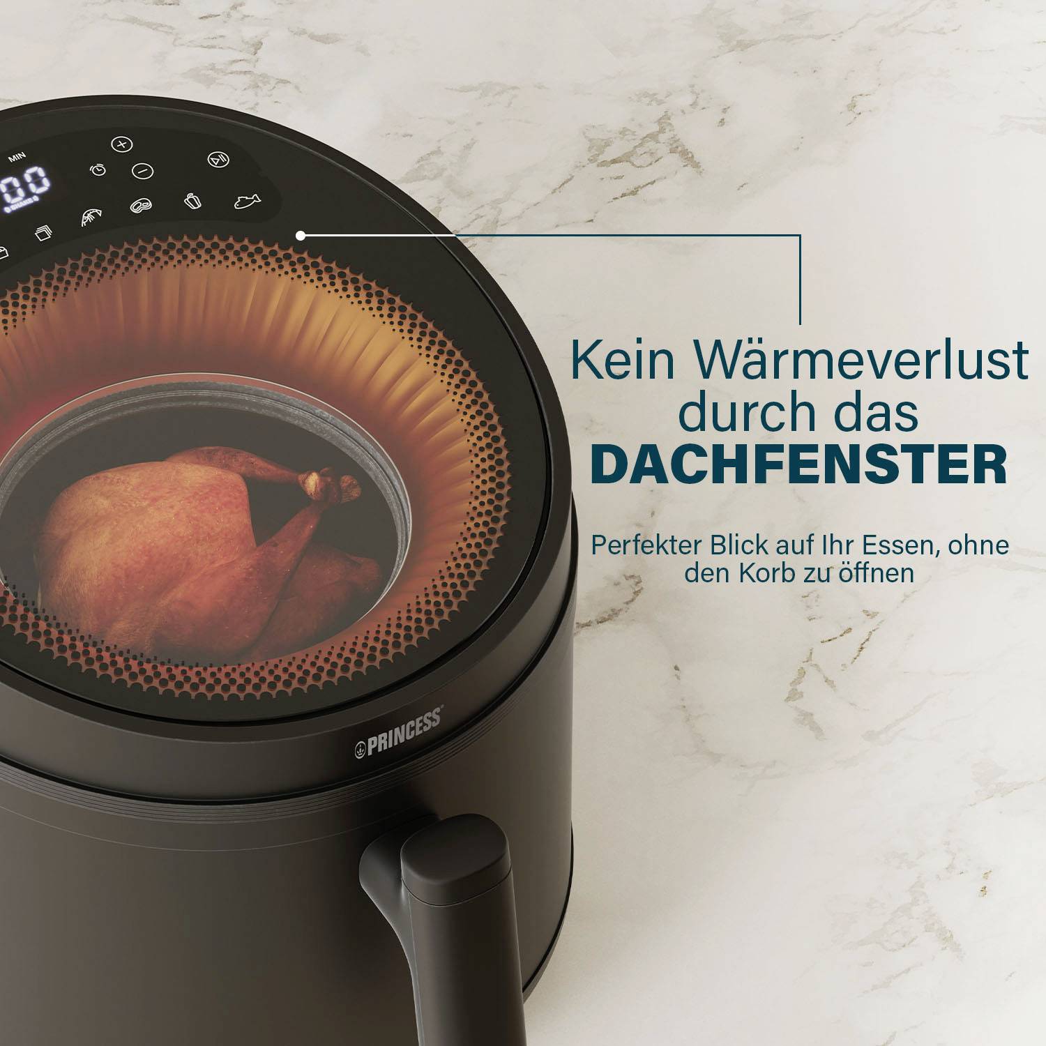 Ein gebratenes Hähnchen in einer Heißluftfritteuse; daneben Text: 'Kein Wärmeverlust durch das Fenster – Perfekter Blick auf Ihr Essen, ohne öffnen zu müssen.'