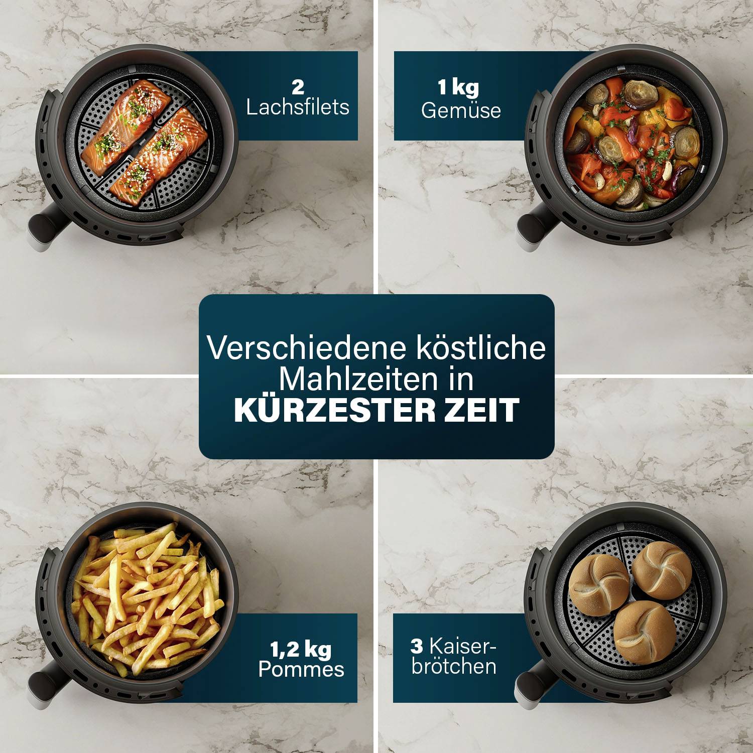 Drei Heißluftfritteusen-Gerichte auf Marmoruntergrund: Lachsfilets mit Gemüse, Pommes frites, Kaiserbrötchen. Text betont schnelle Zubereitung.