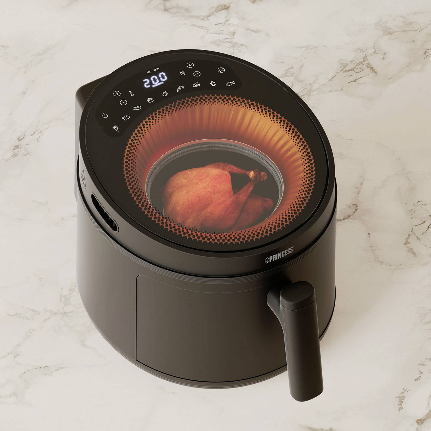 Eine schwarze Heißluftfritteuse mit digitaler Anzeige zeigt 200 Grad an. Innen eine gebratene Hähnchenkeule.