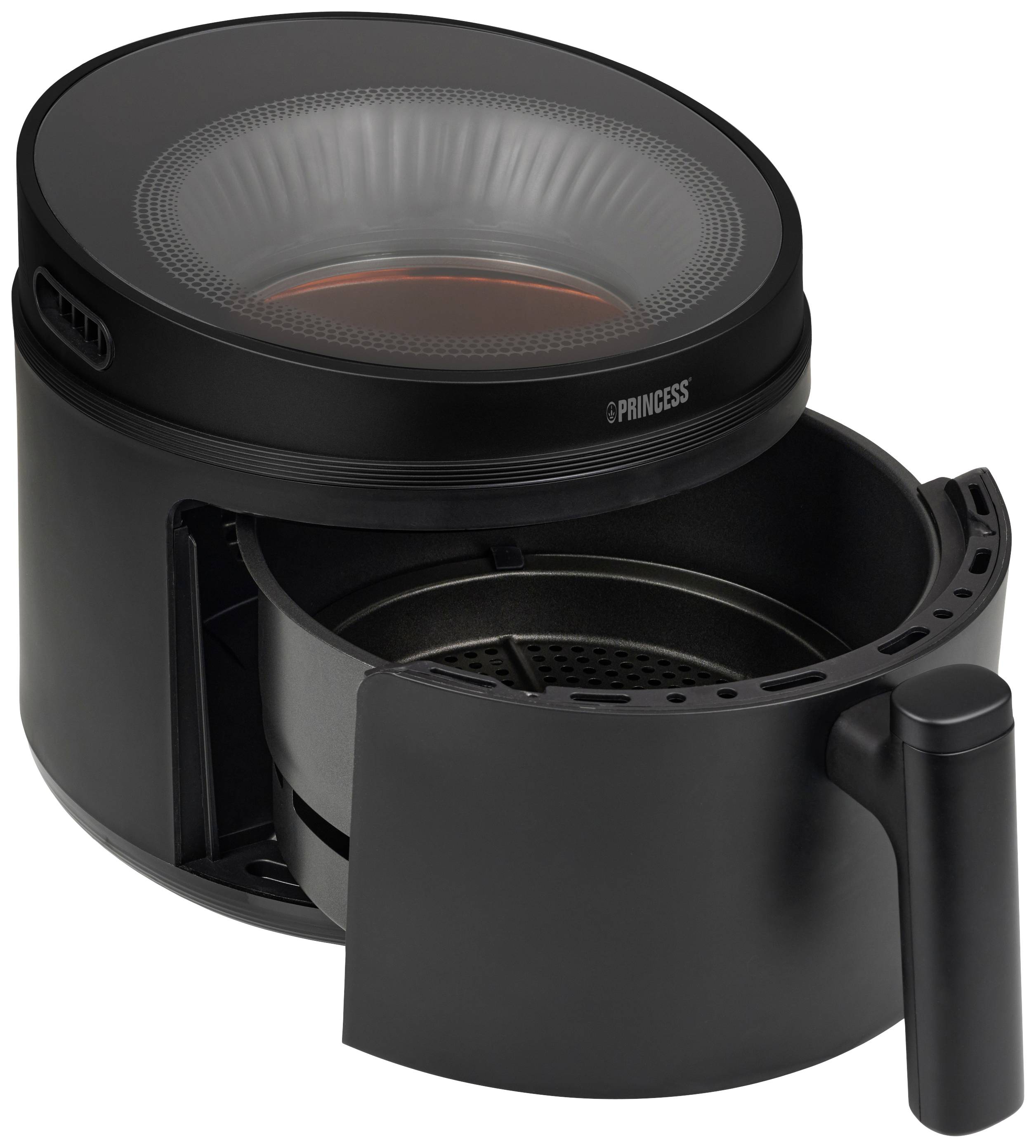 Schwarze Heißluftfritteuse mit herausziehbarem Korb und Griff. Obere Öffnung deutlich sichtbar. Markenname vorne: 'Princess'.