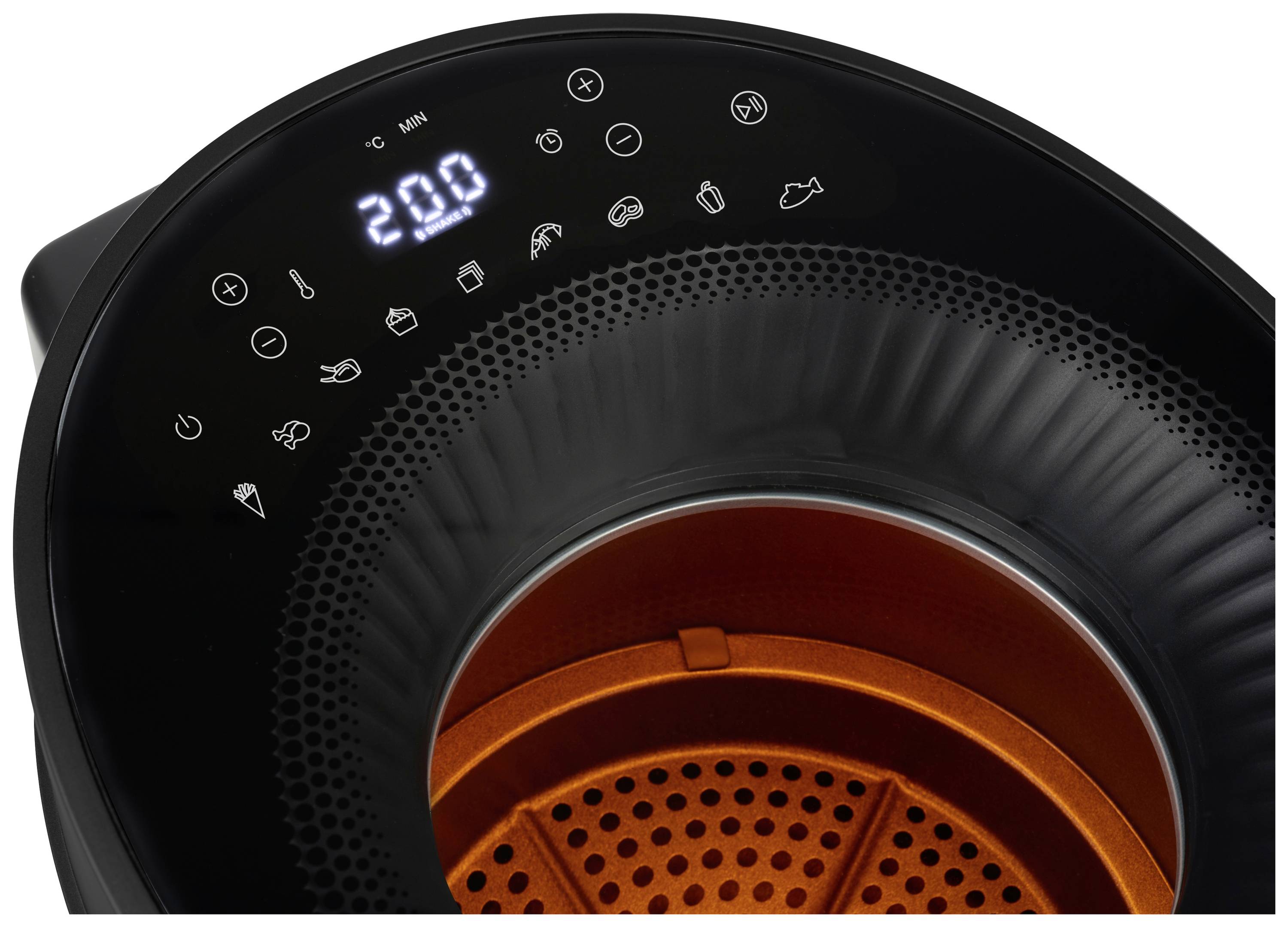 Luftfritteuse mit digitalem Display zeigt '200 °C'. Symboltasten für verschiedene Funktionen, rot beleuchteter Garraum.
