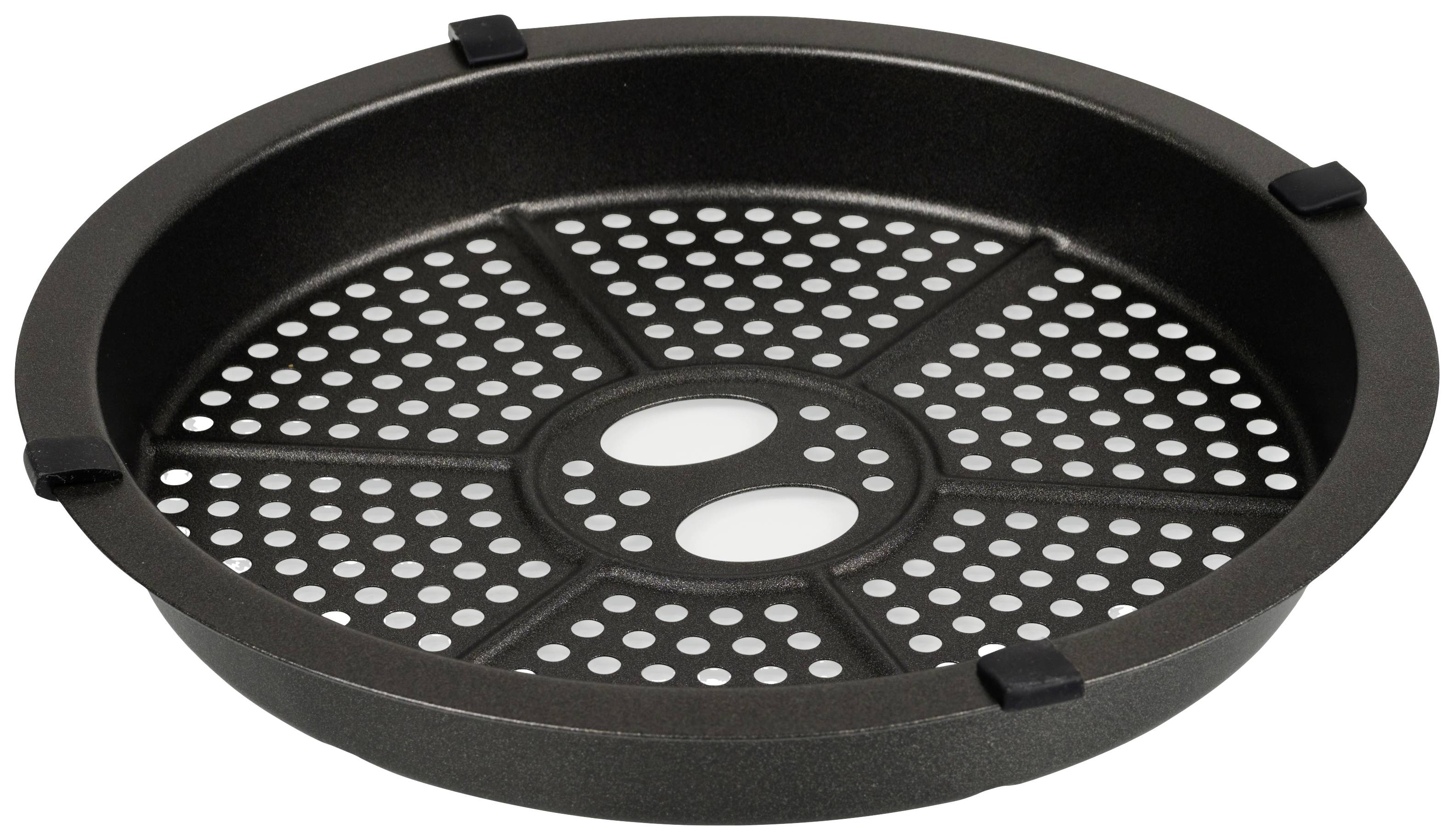 Runder Grillrost aus Metall mit kleinen Löchern und vier schwarzen Clips am Rand, geeignet für Barbecue oder Kochen im Freien.