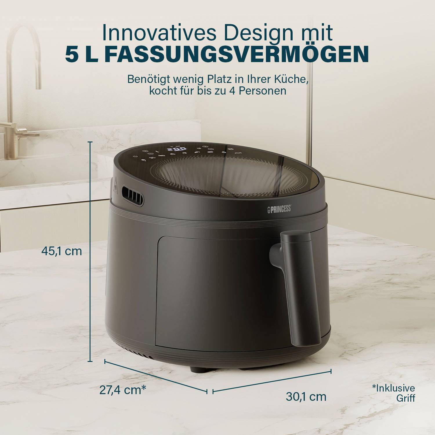 Luftfritteuse mit 5 Liter Fassungsvermögen. Kompaktes Design, geeignet für bis zu 4 Personen. Maße: 45,1 cm hoch, 27,4 cm tief, 30,1 cm breit. Inklusive Griff.
