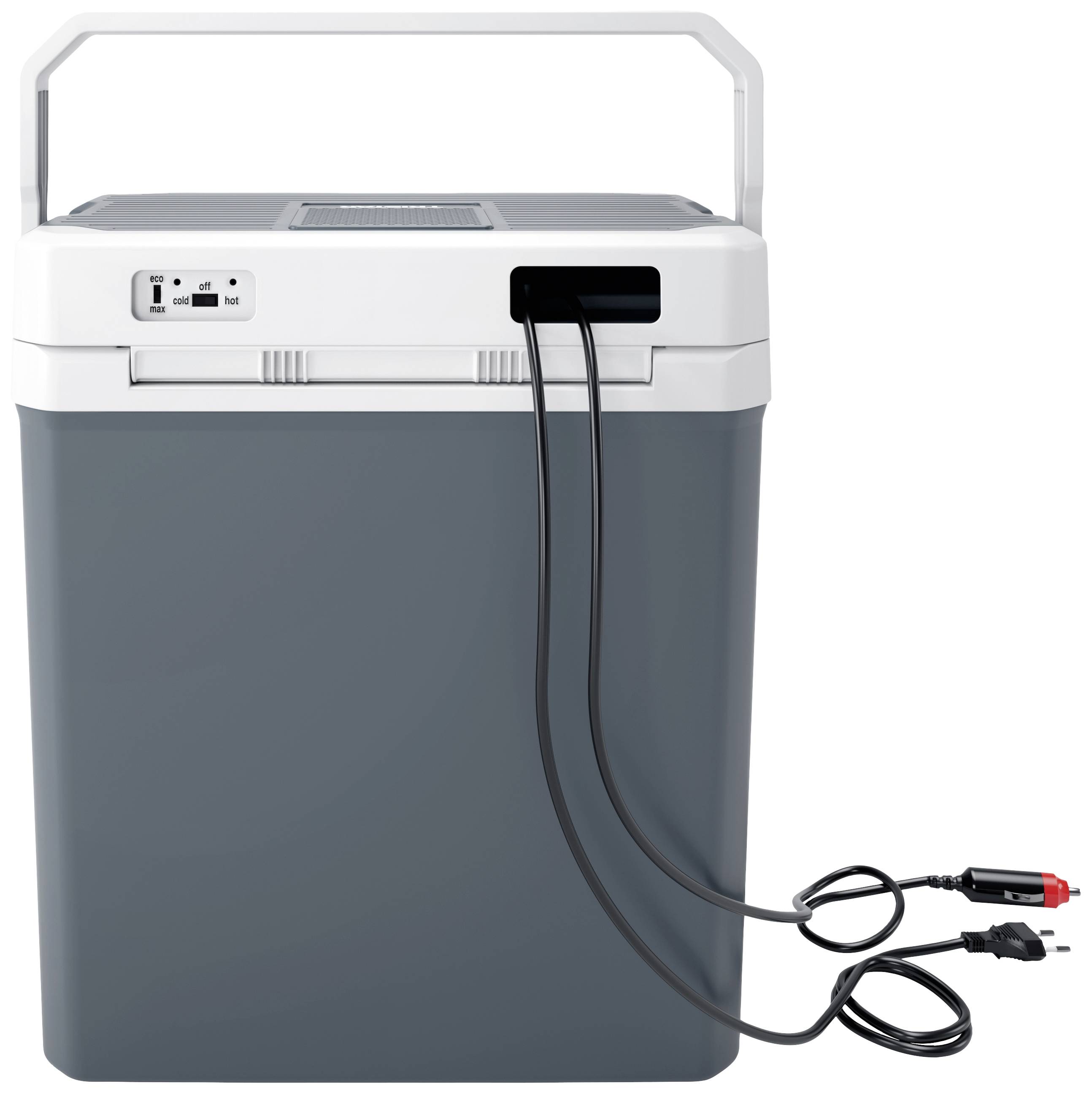 Eine tragbare Kühlbox mit Griff und Anschlusskabeln, die für den Gebrauch im Auto geeignet ist. Ideal für Reisen und Picknicks.