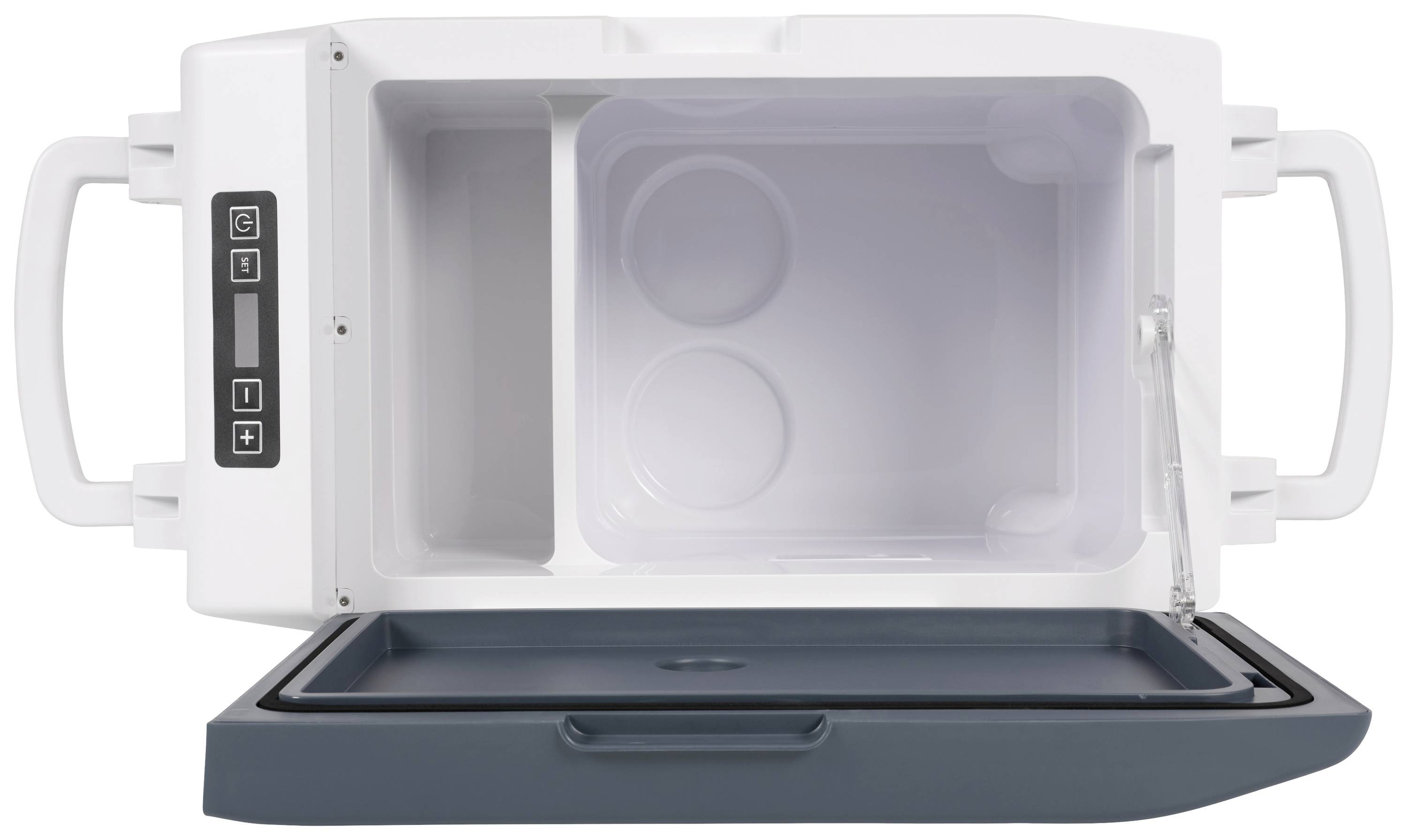 Kühlbox mit geöffneter Klappe, zeigt ein leeres Inneres und ein Bedienfeld an der Seite mit Knöpfen und einem Display.