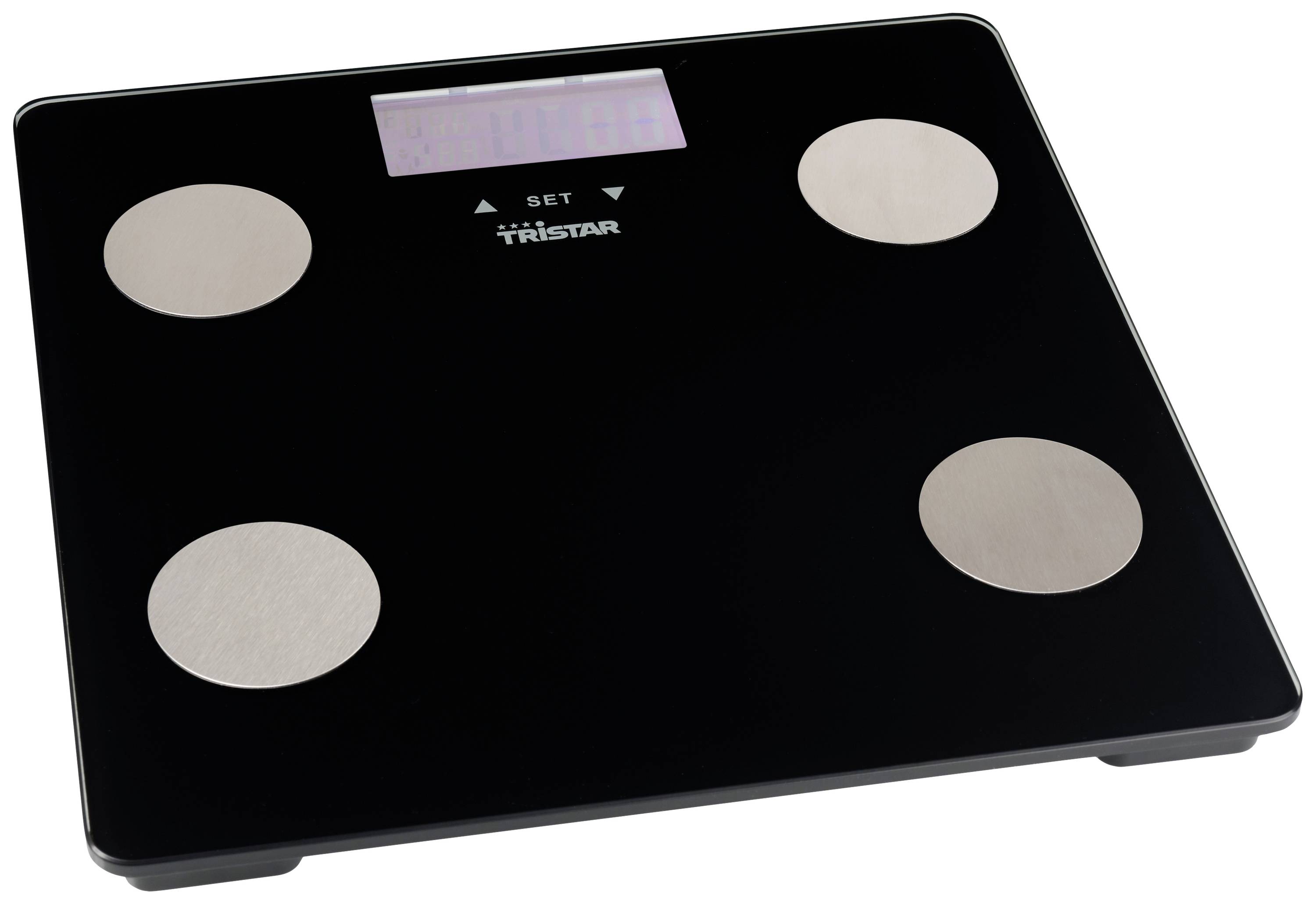 Schwarze Digitalwaage mit vier silbernen Sensoren und einem Display zur Gewichtsanzeige. Marke 'Tristar'. Geeignet für Körperanalyse.