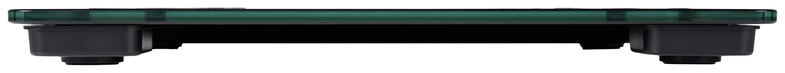 Eine grüne Glasplatte auf schwarzen Füßen, von der Seite gesehen.