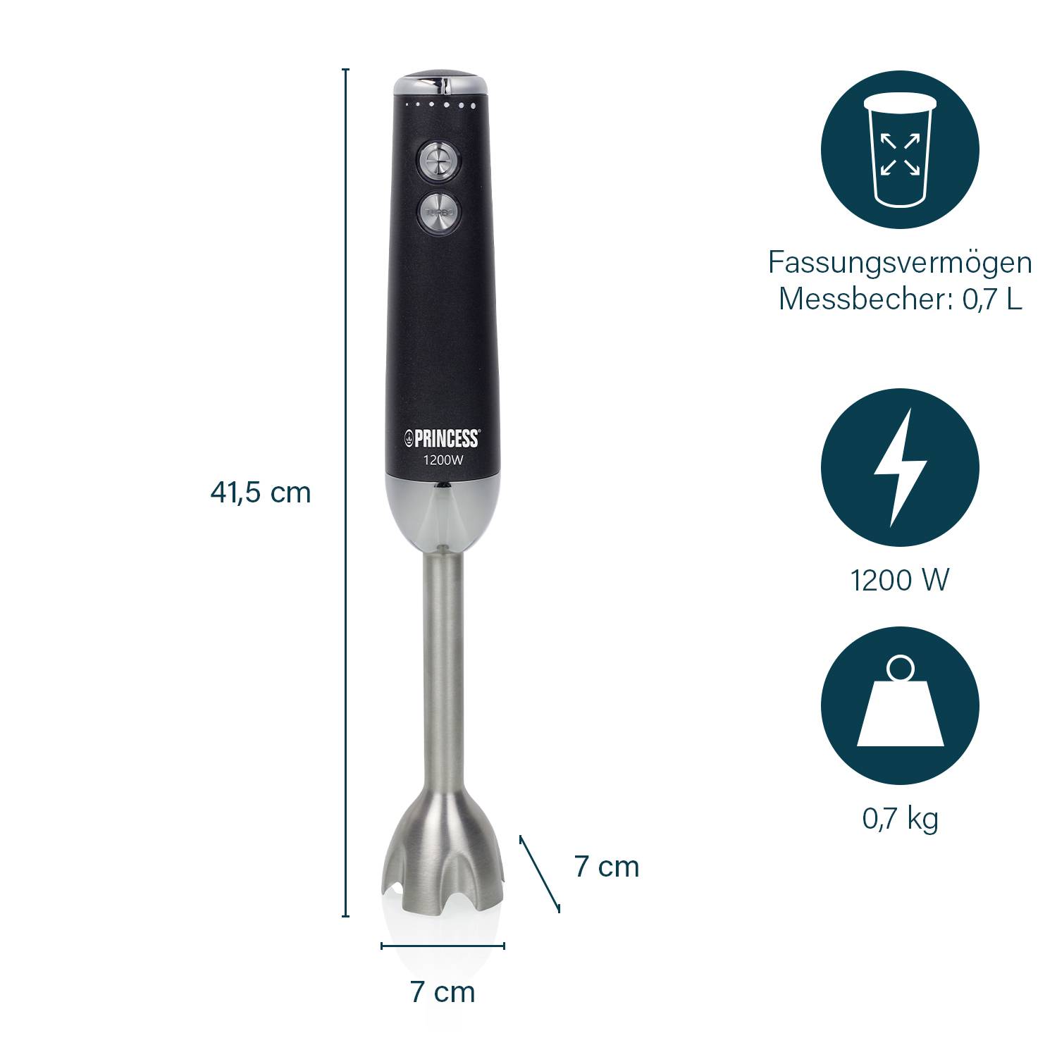 Princess 01.221229.01.001 Stabmixer 1200W Schwarz, Edelstahl