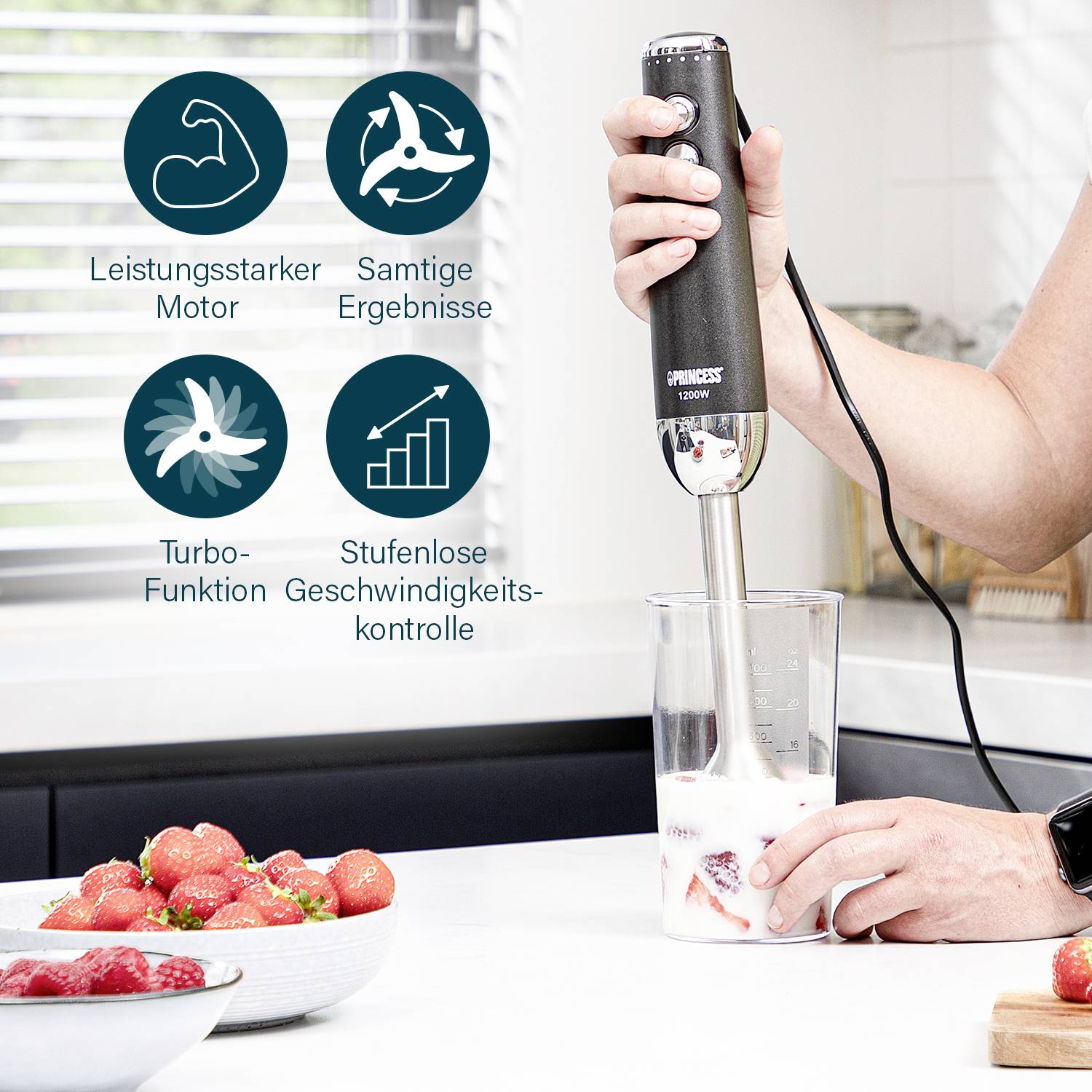 Princess 01.221229.01.001 Stabmixer 1200W Schwarz, Edelstahl