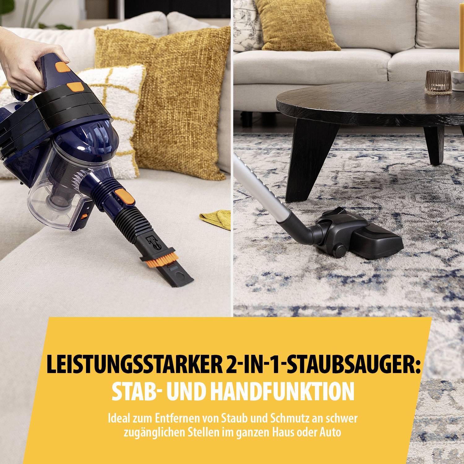 Person saugt Staub in Wohnzimmer mit kabellosem Staubsauger; Holztisch und Sofa im Hintergrund. Text wirbt für Staubsaugerfunktionalität.