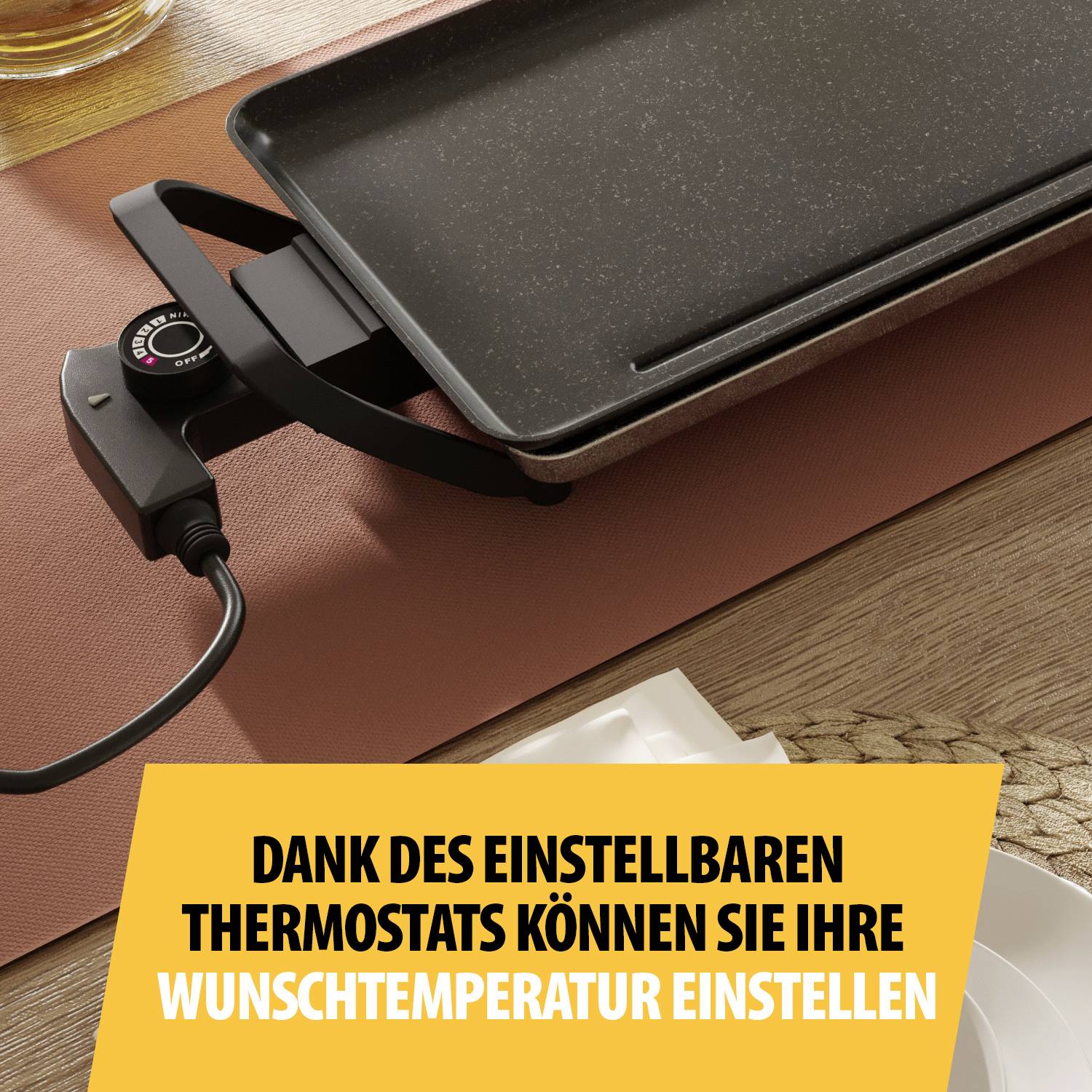 Rechteckige Grillplatte mit einstellbarem Thermostat, auf Holztisch gestellt. Text: 'Dank des einstellbaren Thermostats können Sie Ihre Wunschtemperatur einstellen'.