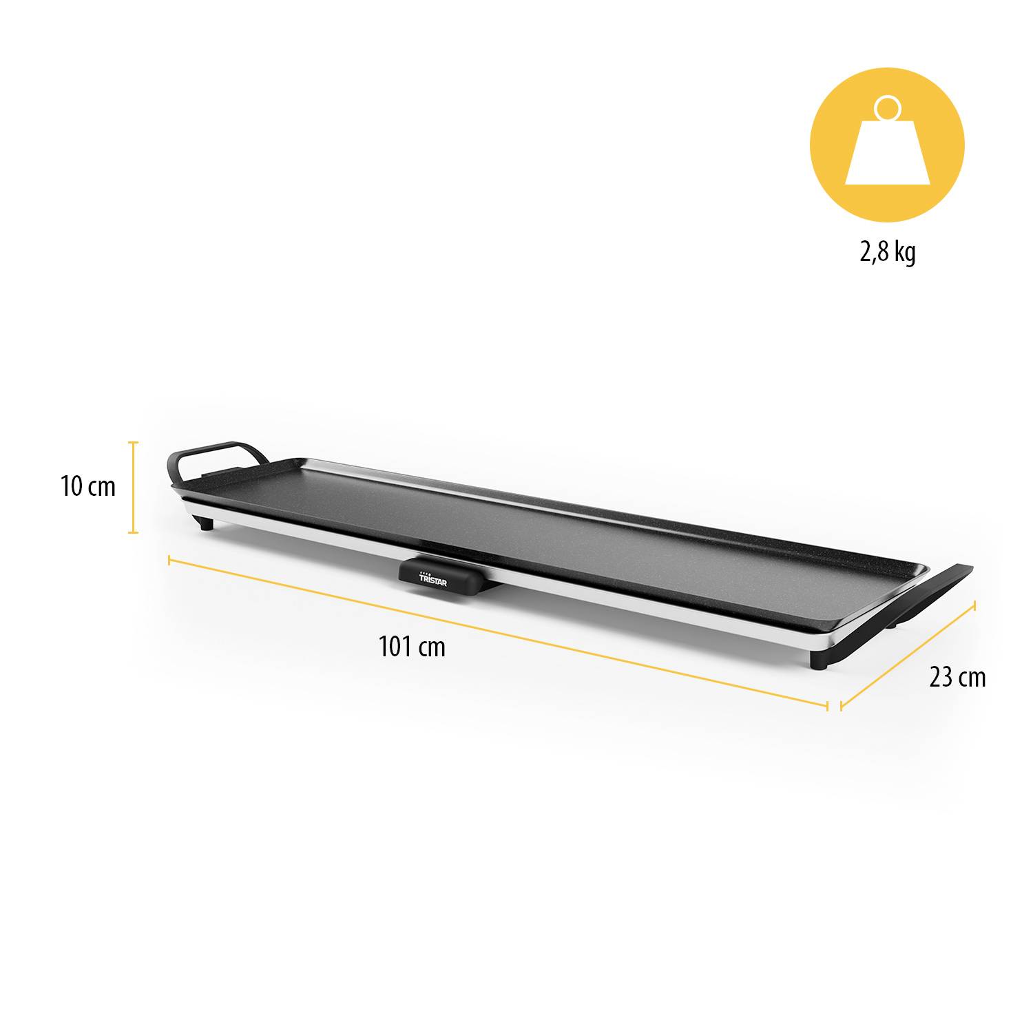 Schwarze elektrische Grillplatte mit Griffen, Maße 101 cm x 23 cm x 10 cm, Gewicht 2,8 kg. Ideal für große Mahlzeiten.