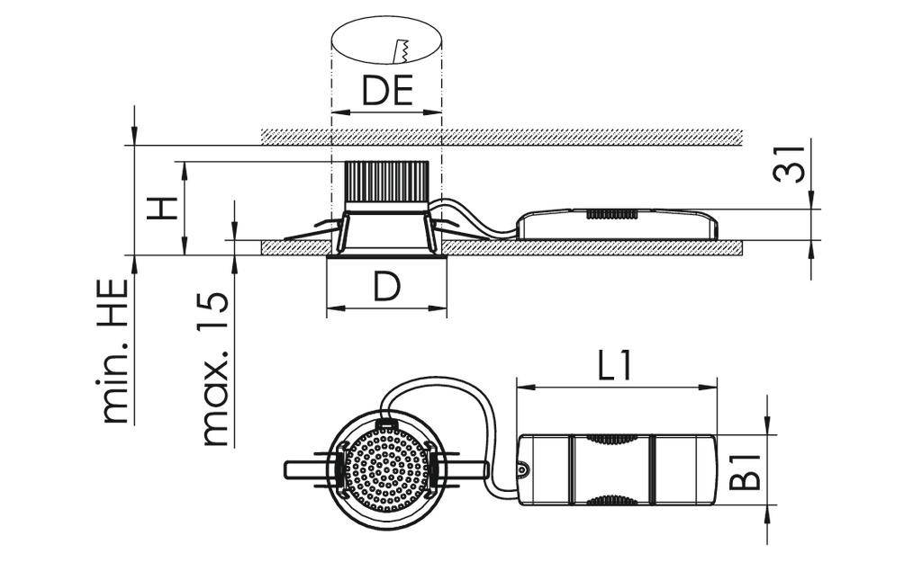 Technische Zeichnung eines Einbaustrahlers mit Maßen. Zeigt Seiten- und Draufsicht. Markiert sind Durchmesser 'DE', Höhe 'H', Tiefe 'L1', und Breite 'B1'.
